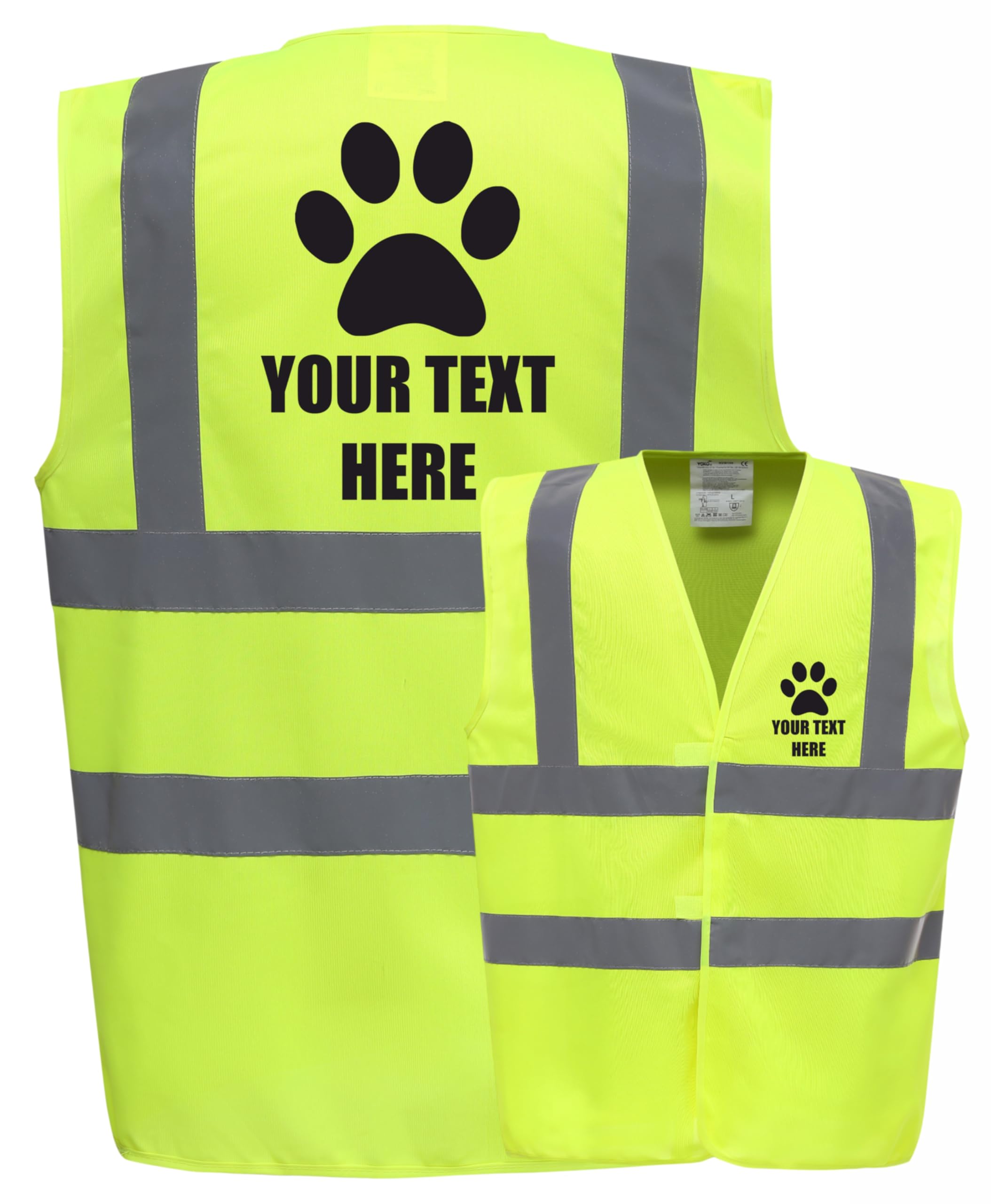 Personalised Custom Dog Paw Yellow Hi Vis Viz Safety Vest Waistcoat For Humans Reflective High Visibility, Dog Walker, EN471 BS, XXX-Large