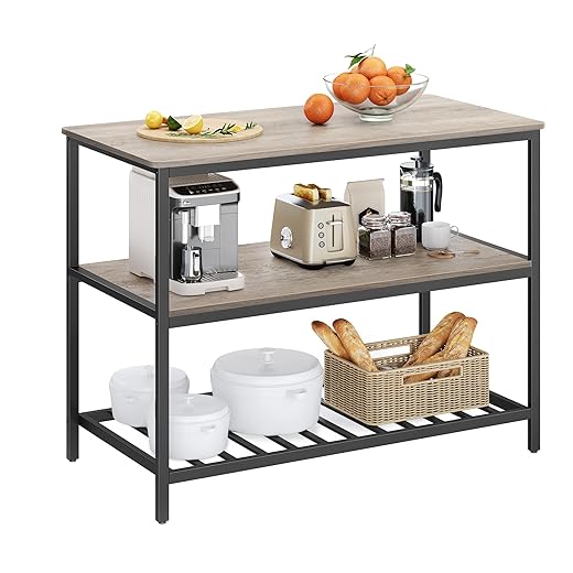 VASAGLE Kitchen Island with 3 Shelves, 47.2 Inches Width Kitchen Shelf with Large Worktop, Stable Steel Structure, Industrial, Easy to Assemble, Greige and Black UKKI001B02