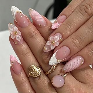 24 Stück Press on Nails Mandelform Mittellang Rosa Weiß, 3D Blumen Design mit Goldfarbenen Perlen, Glänzende Künstliche Nägel zum Aufkleben, Falsche Nägel für Damen Nail Art