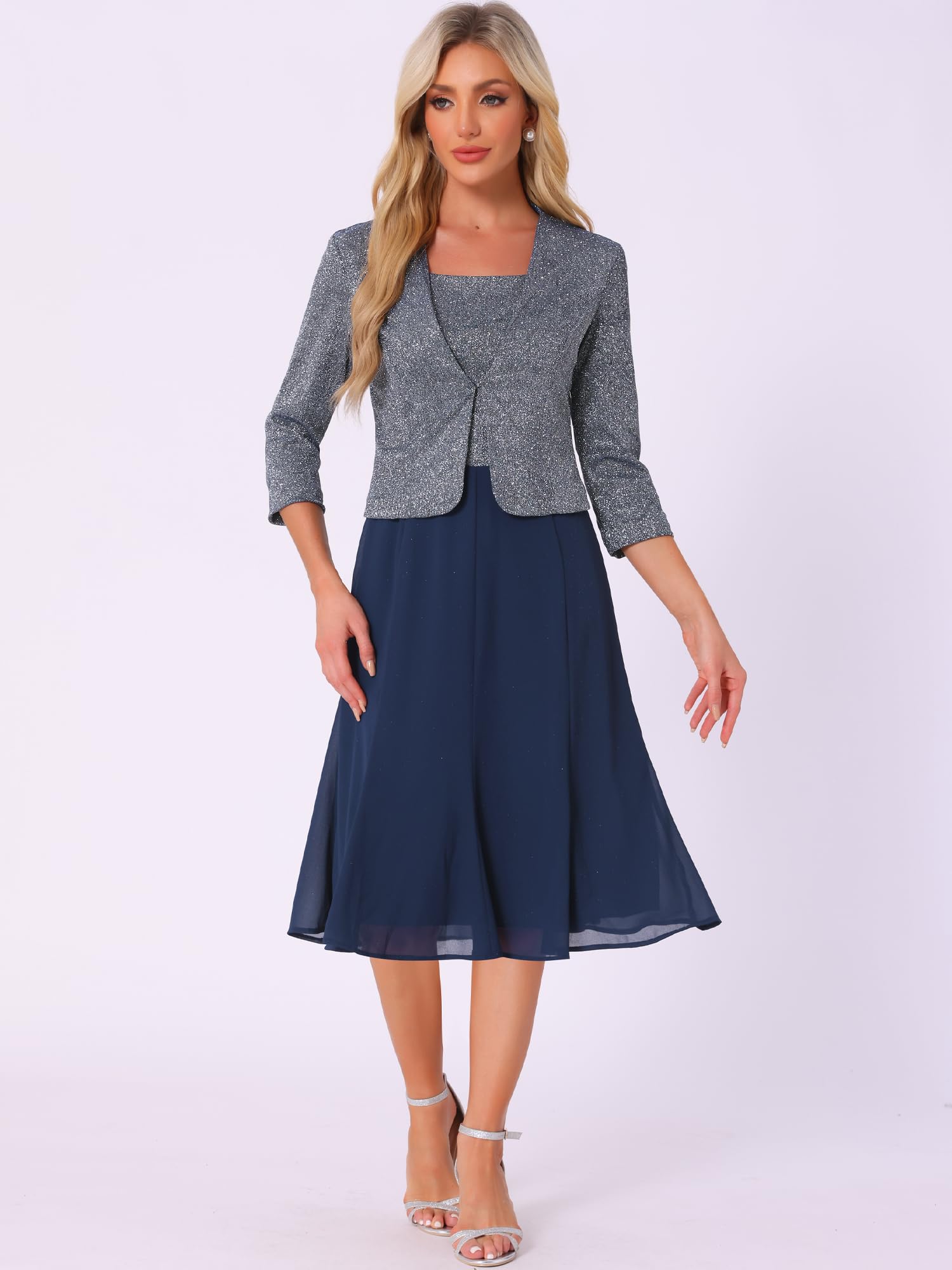 Allegra K Damen Kleid Anzug Sets 2-Teilig Kontrast A-Linie Fließende Kleide Pailletten Jacke