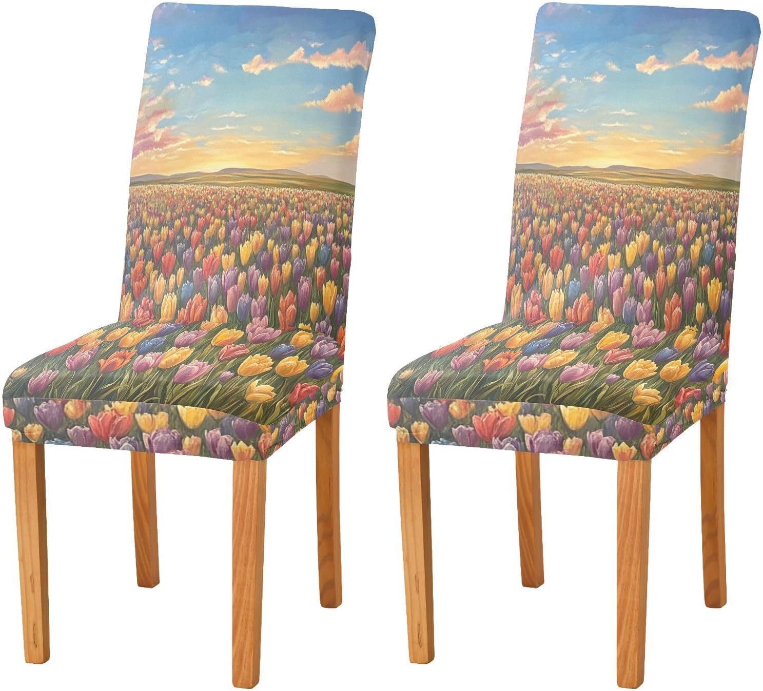 ALAZA Chair Covers for Dining Room, Field of Tulips Stretch Chair Cover Sets Chair Protector Removable Washable for Ktichen Restaurant Hotel