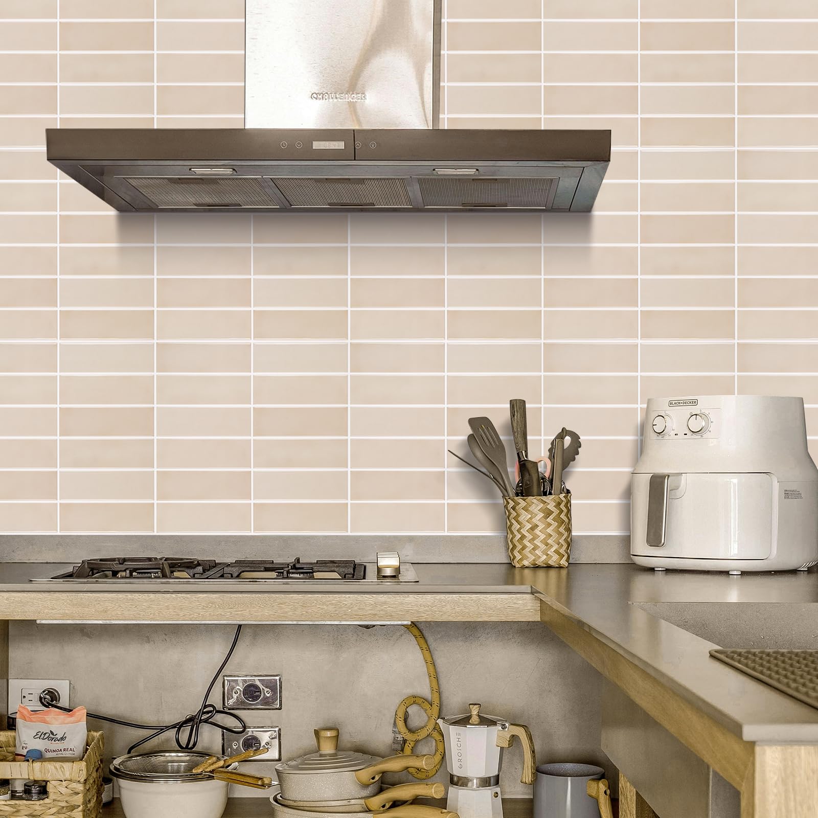 Lot de 10 feuilles de carrelage mural autocollant 3D pour cuisine, 30,5 x 30,5 cm, grande taille, beige marbré
