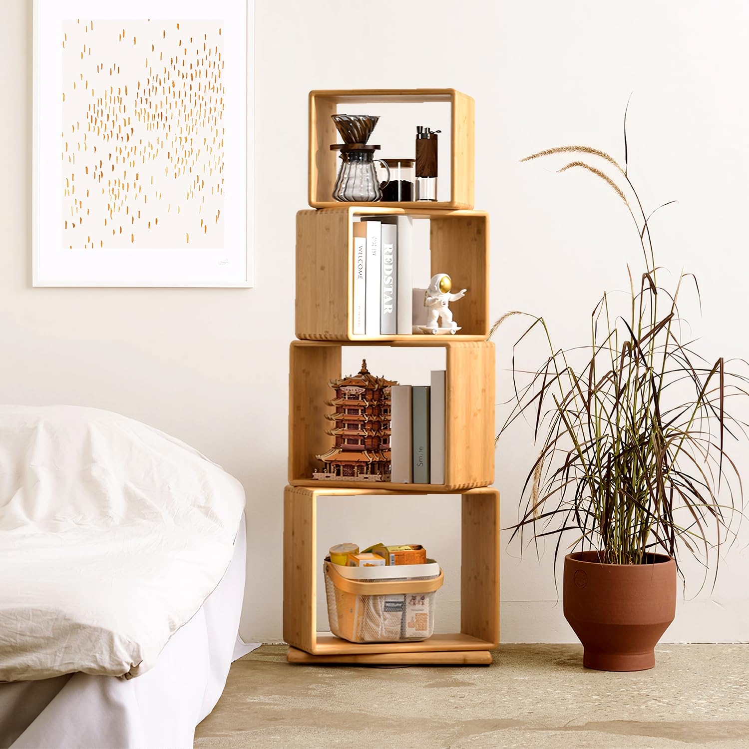 Drehbares Bambus-Würfel-Bücherregal | Freistehendes modernes Display-Speicher-Organisator-Bücherregal-Turm | Eck-Bücherregal & Beistelltisch für Wohnzimmer, Schlafzimmer, Heimbüro (Groß, Etagen, 4)