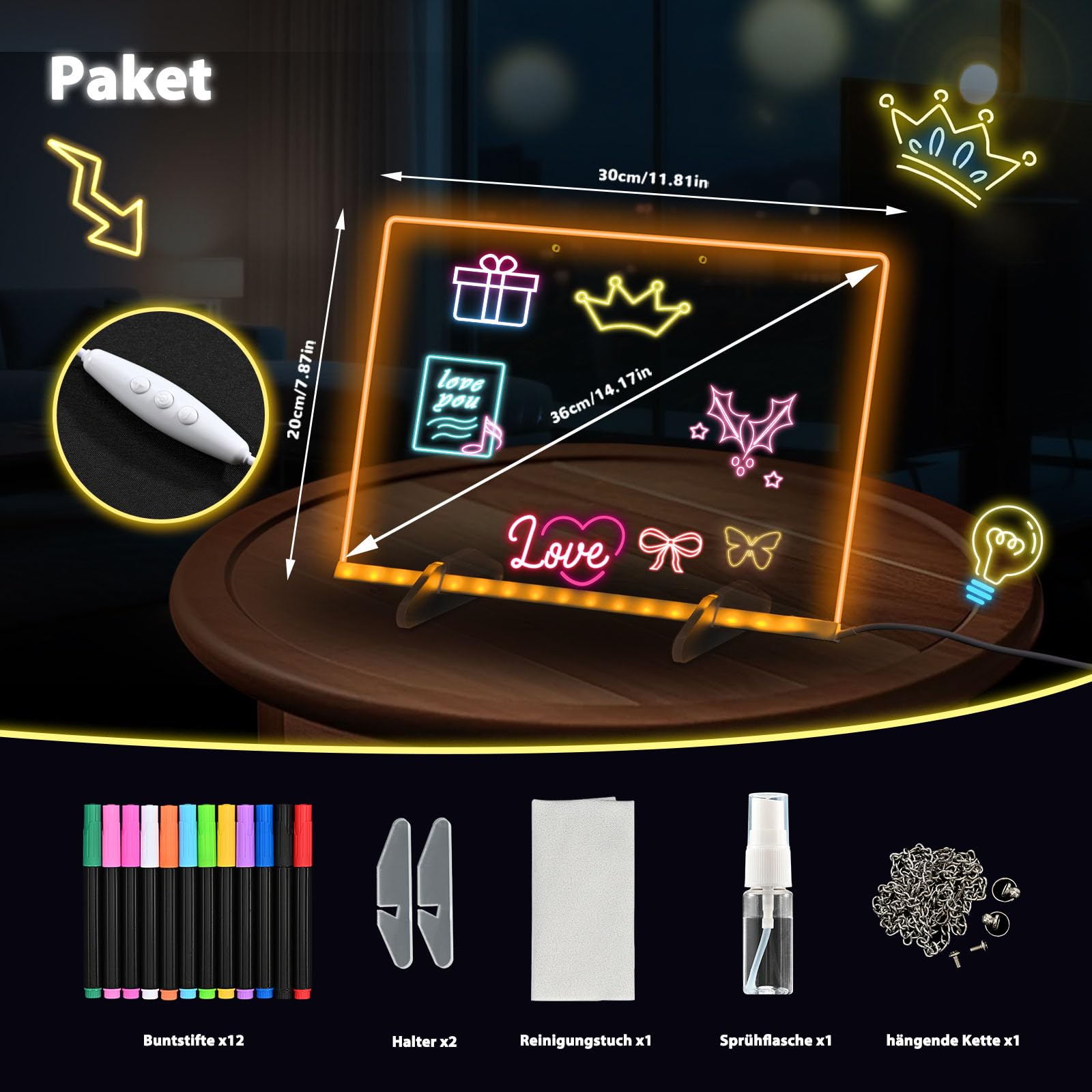 BlueSwan Led Zeichenbrett, Spielzeug für Kinder mit 12 Farben Einstellbar 7 Licht Modi, Komplettset inkl, Ständer & Kette, Abwischbar für Maltafel Zaubertafel, kreatives Geschenk, Memo, Café, Zuhause