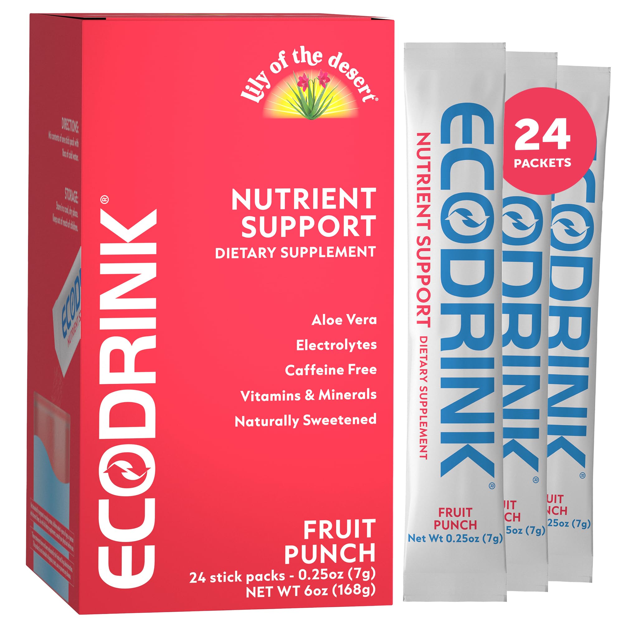 Eco Drink Nutrient Support Packets, Fruit Punch – Naturally Sweetened Multivitamin Electrolyte Mix with Aloe, 24 Stick Packs/Box, 0.25 Oz Ea by Lily of The Desert