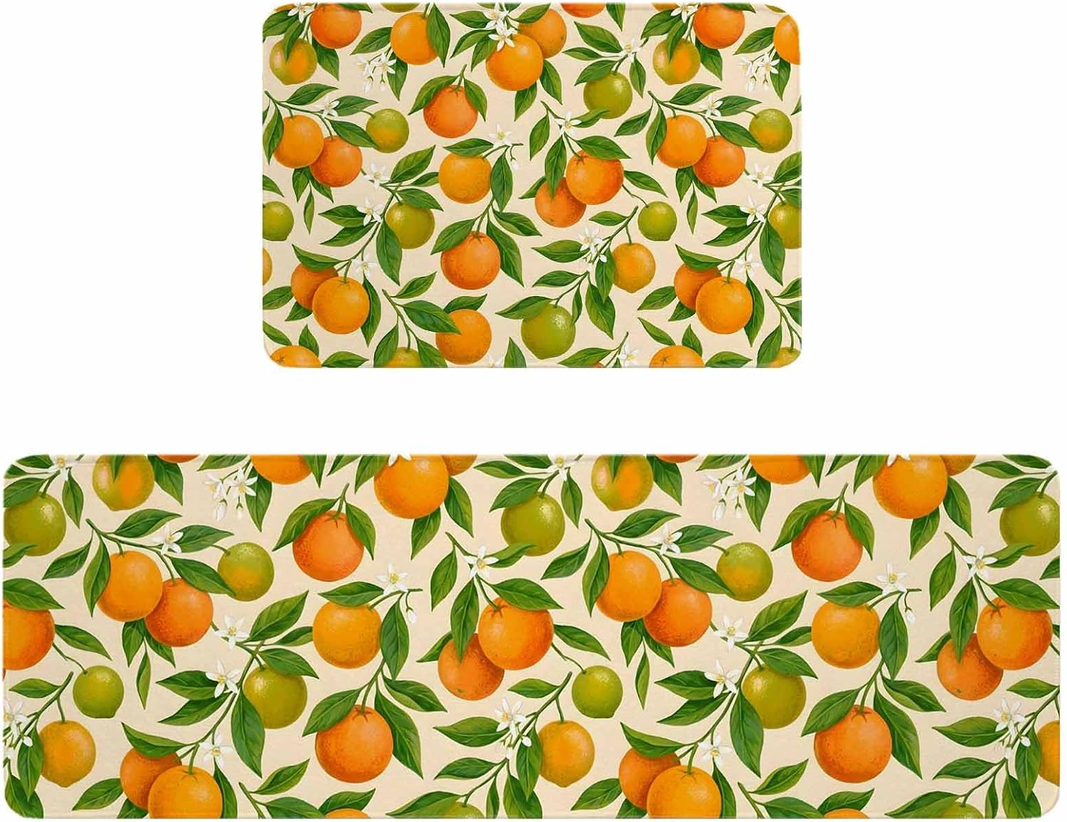 Green Orange Kitchen Rugs and Mats Set of 2, Non-Slip Kitchen Sink Mat, Summer Botanical Leaves Watercolor Washable Doormat Bathroom Rugs Runner for Bedroom/Living Room 19.7"x31.5"+19.7"x47.2"