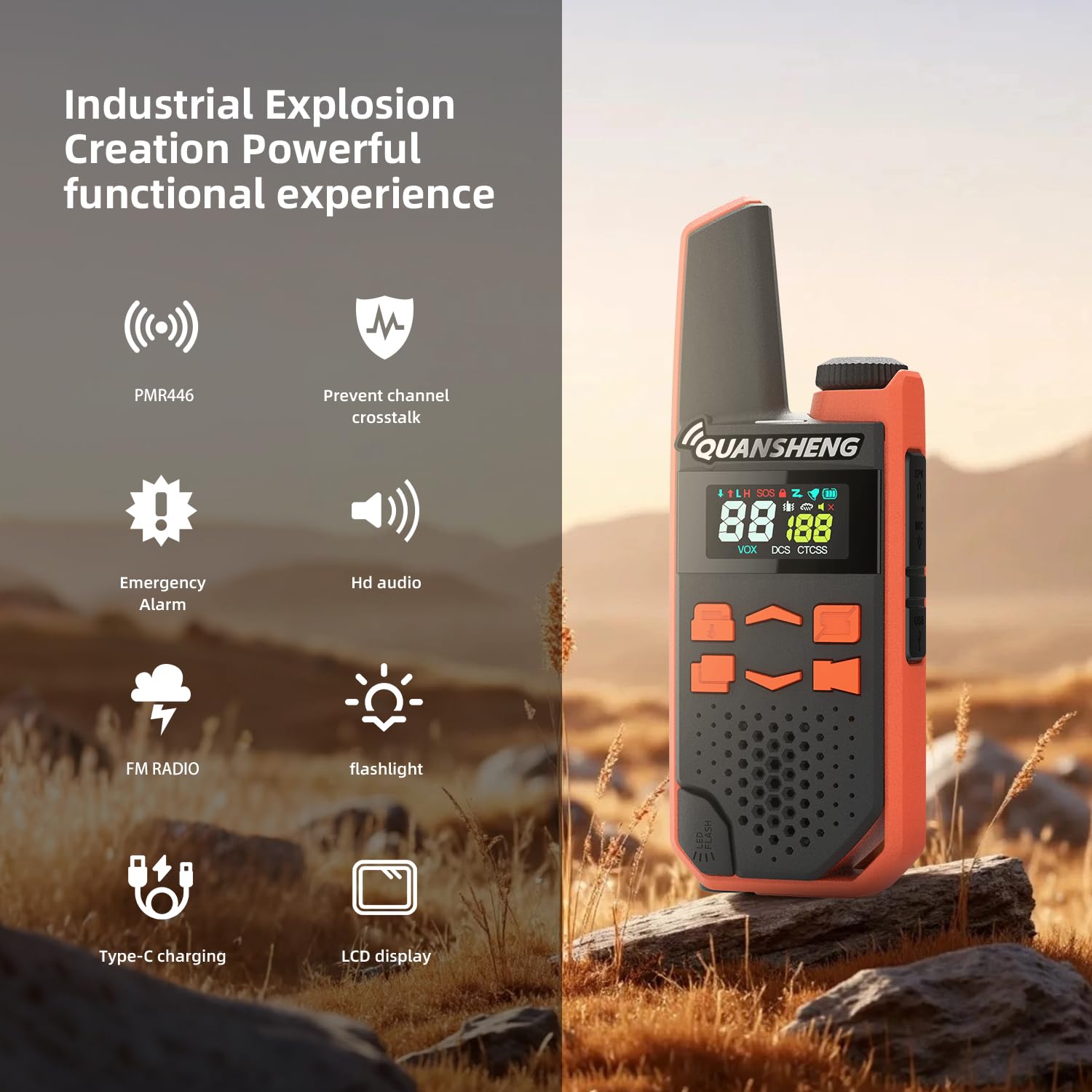 QUANSHENG TG-FR1 Walkie Talkie PMR446, Pack de 2 Radios sin Licencia, Recargables por USB-C, 16 Canales, VOX Manos Libres, hasta 10 km en Campo Abierto, para Senderismo, Camping y Trabajo