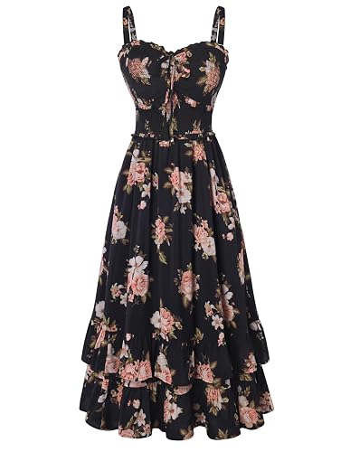 Scarlet Darkness Women's Floral Dress Smocked Sundress with Pockets | Cottagecore Milkmaid Summer Spring Dresses, A line, Flowy, Ankle Length, for Casual, Vacation, Wedding Guest, Tea Party - Medium - Black Floral