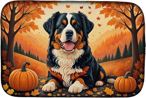 Caroline's Treasures DAC1019DDM Tapete de secado de platos de otoño para perro de montaña bernés, tapete absorbente de secado de platos para