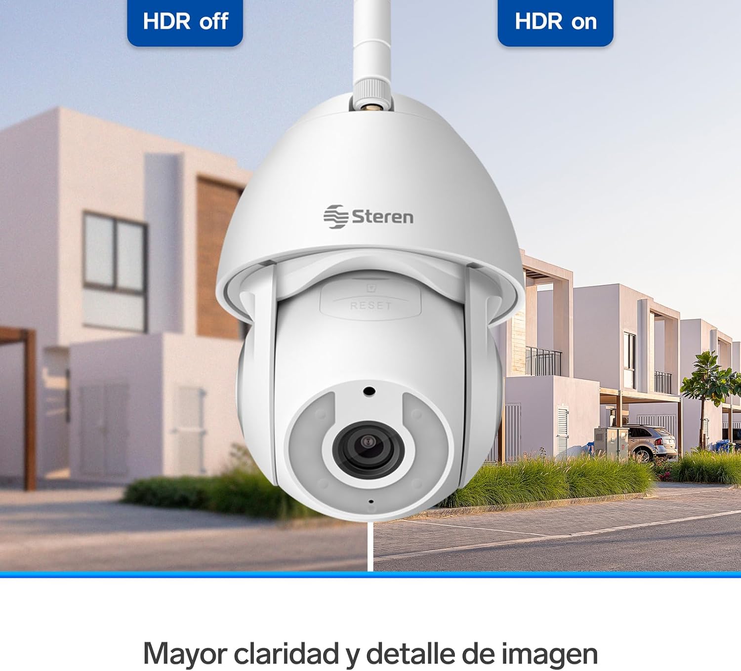Comparison image showing the STEREN CCTV-235 camera's standard night vision (black and white) versus color night vision.