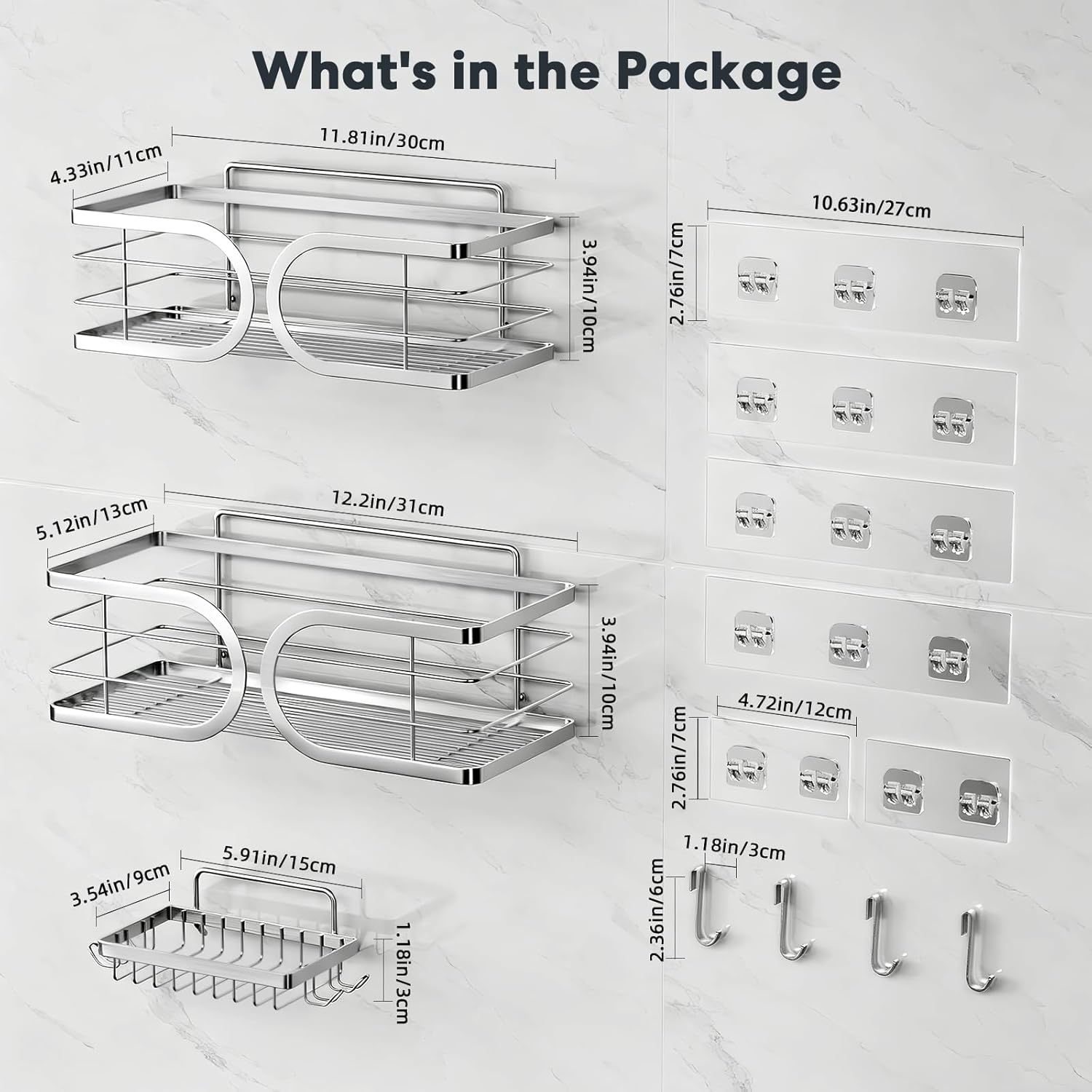 Shower Caddy 3 Pack Adhesive 304 Stainless Steel Shelves No Drill Durable Large Capacity Shower Rack Organizer Soap Holder Quick Dry Rustproof Bathroom Storage(Silver)