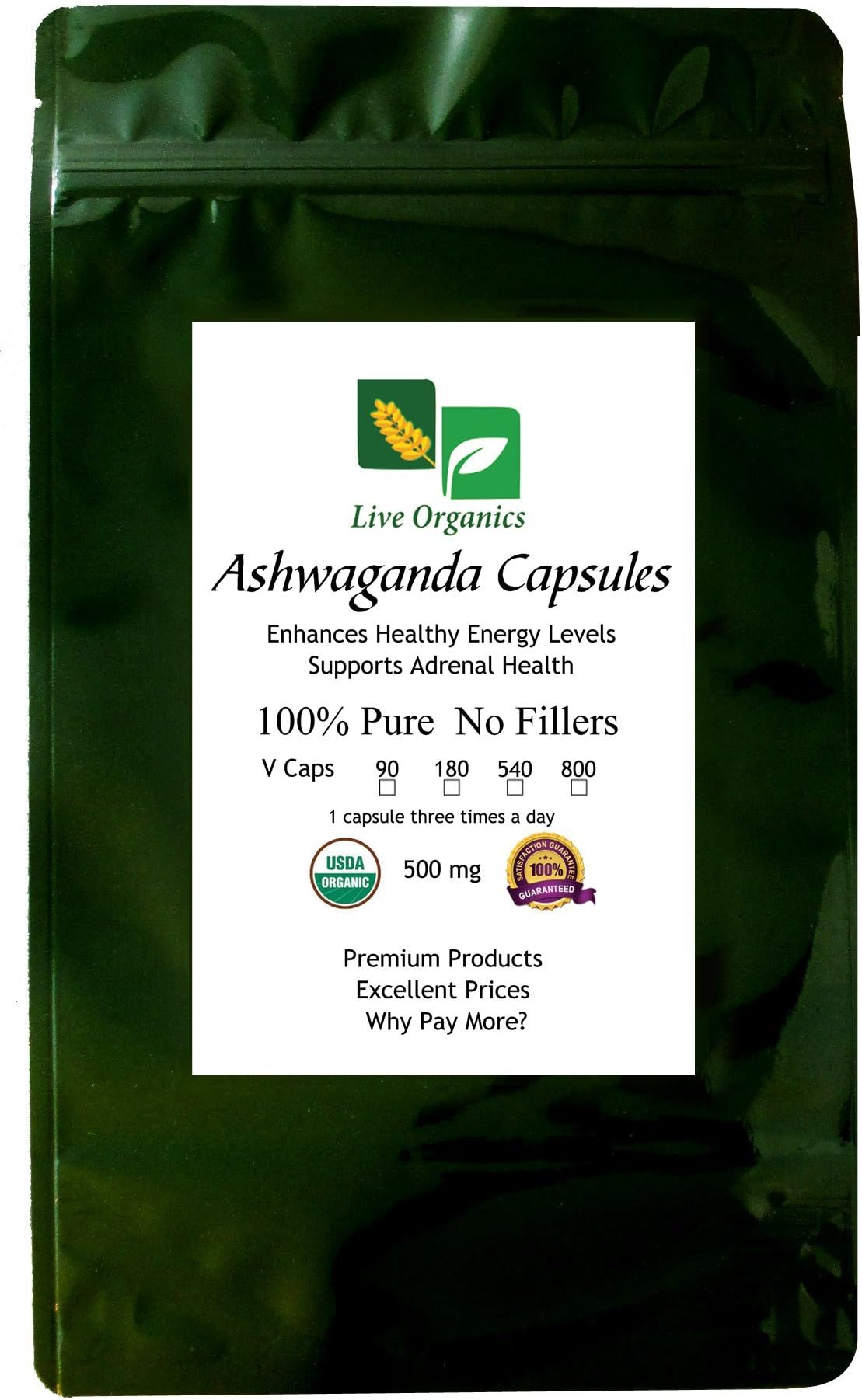 Live Organics Ashwagandha Capsules 500 mg 90 to 800 ct - Certified USDA Organic (90 ct)