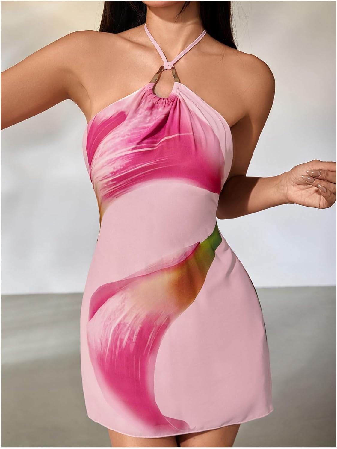 MakeMeChic Women's Floral Halter Backless Cocktail Dress Ring Sleeveless Fall Mini Dresses - Image 3