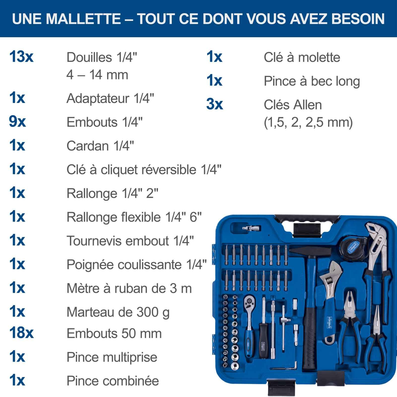 Scheppach Coffret à outils TB99 – Coffret multi outils – 90 pièces | Mallette à outils – Caisse à outils – Tournevis, douilles, clés Allen