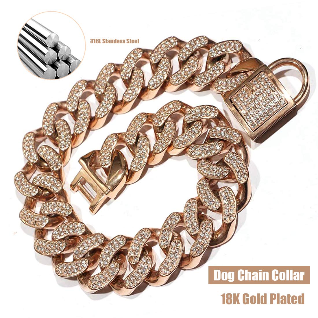 Collare Per Cani A Catena In Oro Rosa 15 Mm 18 K Oro Cubano Link Collare Per Cani Con Fibbia Sicura A Scatto Catena Dorata Collare In Metallo Per Piccoli E Medi - Foto 9