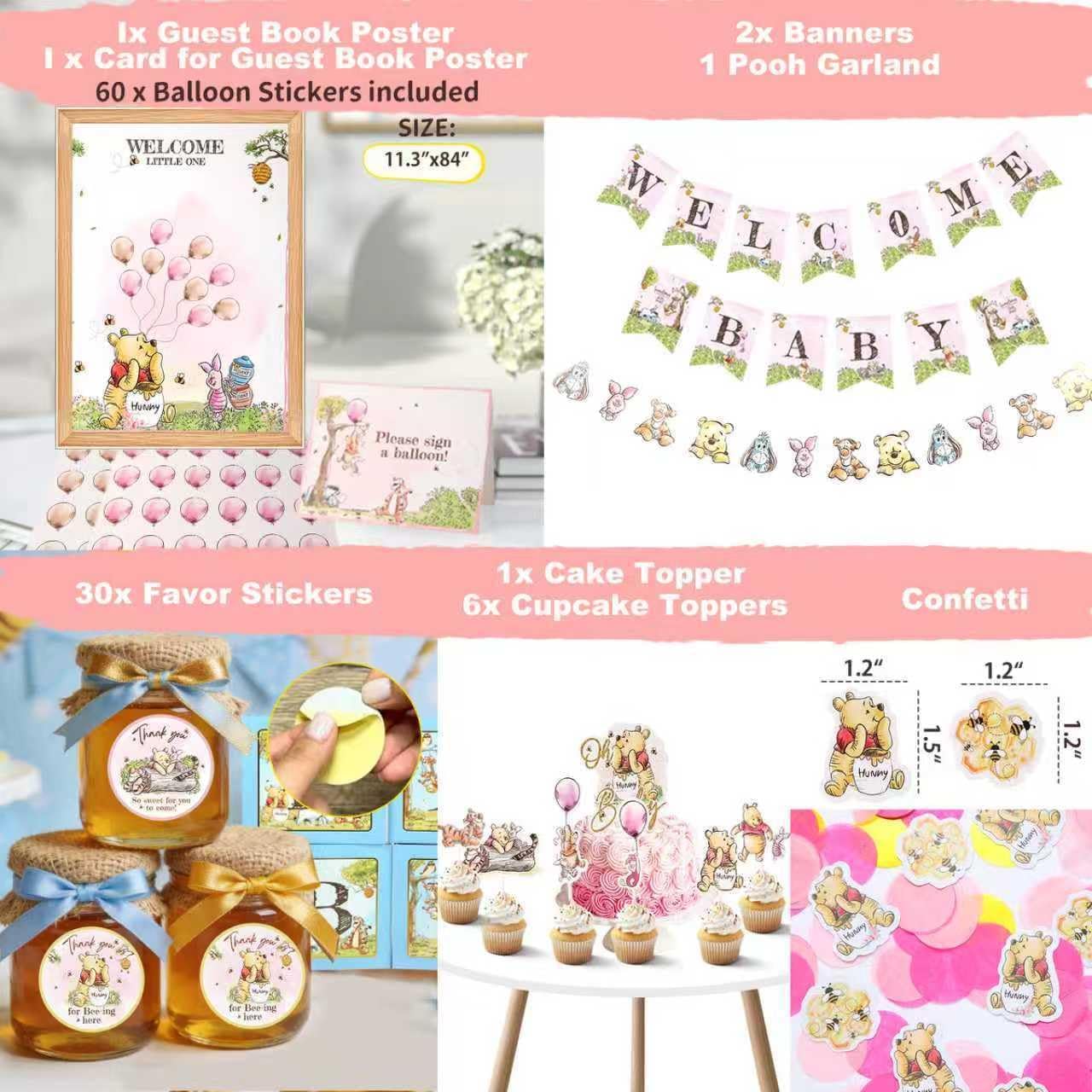 271 Pc Classic Winnie Baby Shower Decorations for Girl –All-In-1 Pink Pooh Baby Shower Balloon Arch, Vintage Pooh Bear Theme Party Decoration Kit with Backdrop, Banners, Baby Boxes, Sash & Table Décor