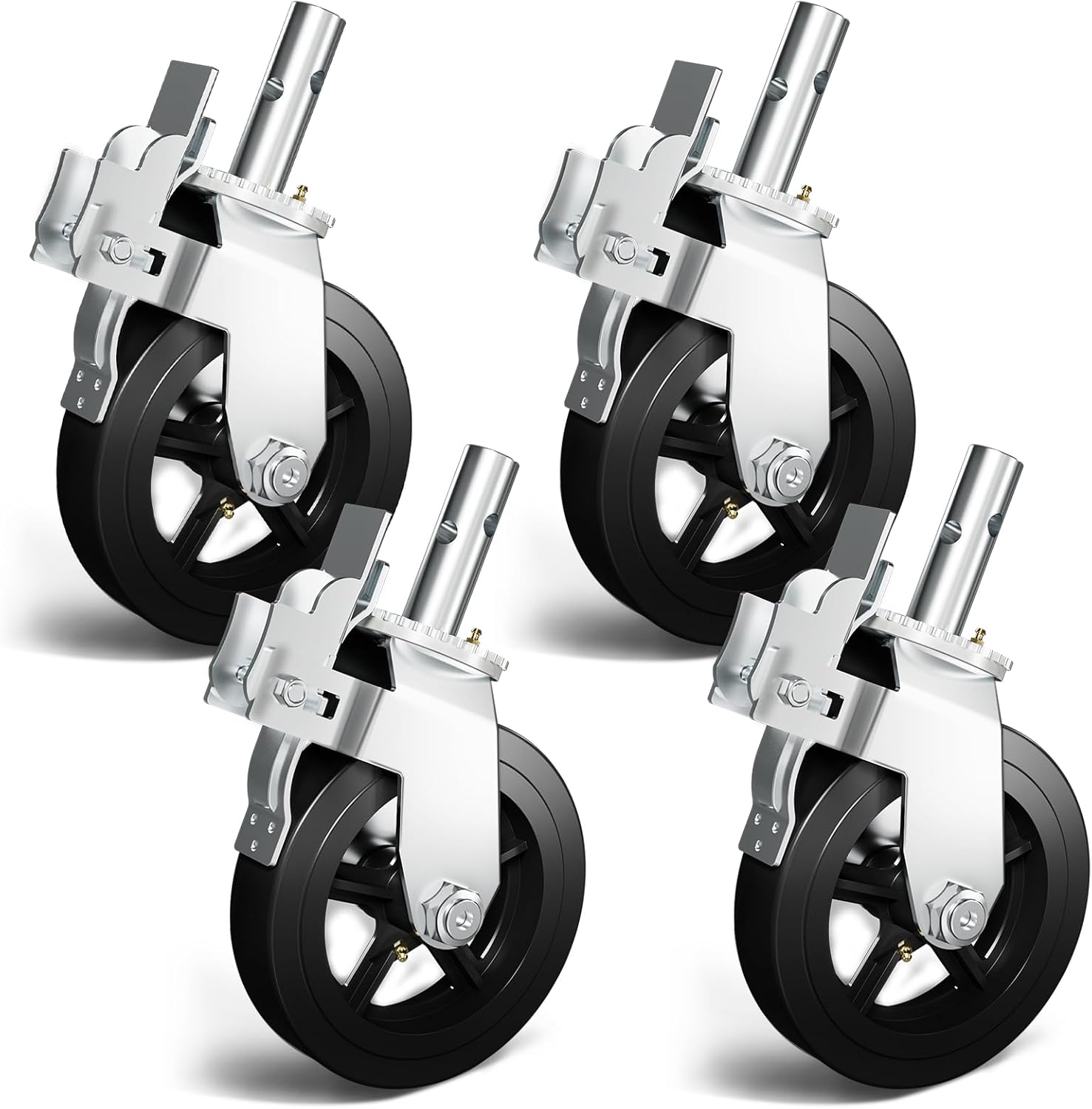 8 Inch Scaffolding Wheels Set of 4, Scaffold Caster with Dual Locking Brakes, Heavy Duty 750LBS Capacity per Rubber Caters 1-1/4" Solid Round Stem Replacement for Scaffold Workbench Shelves 4 pack-1-1/4" Round Stem