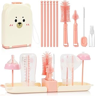Vicloon 6 in 1 Reise Baby Flaschenbürsten Set, Tragbar Babyflaschen Bürste Set mit Silikonflaschenbürste, Strohhalmbürste, Schnullerbürste, Flaschentrockner und Spenderflaschen, BPA-frei (Pink)