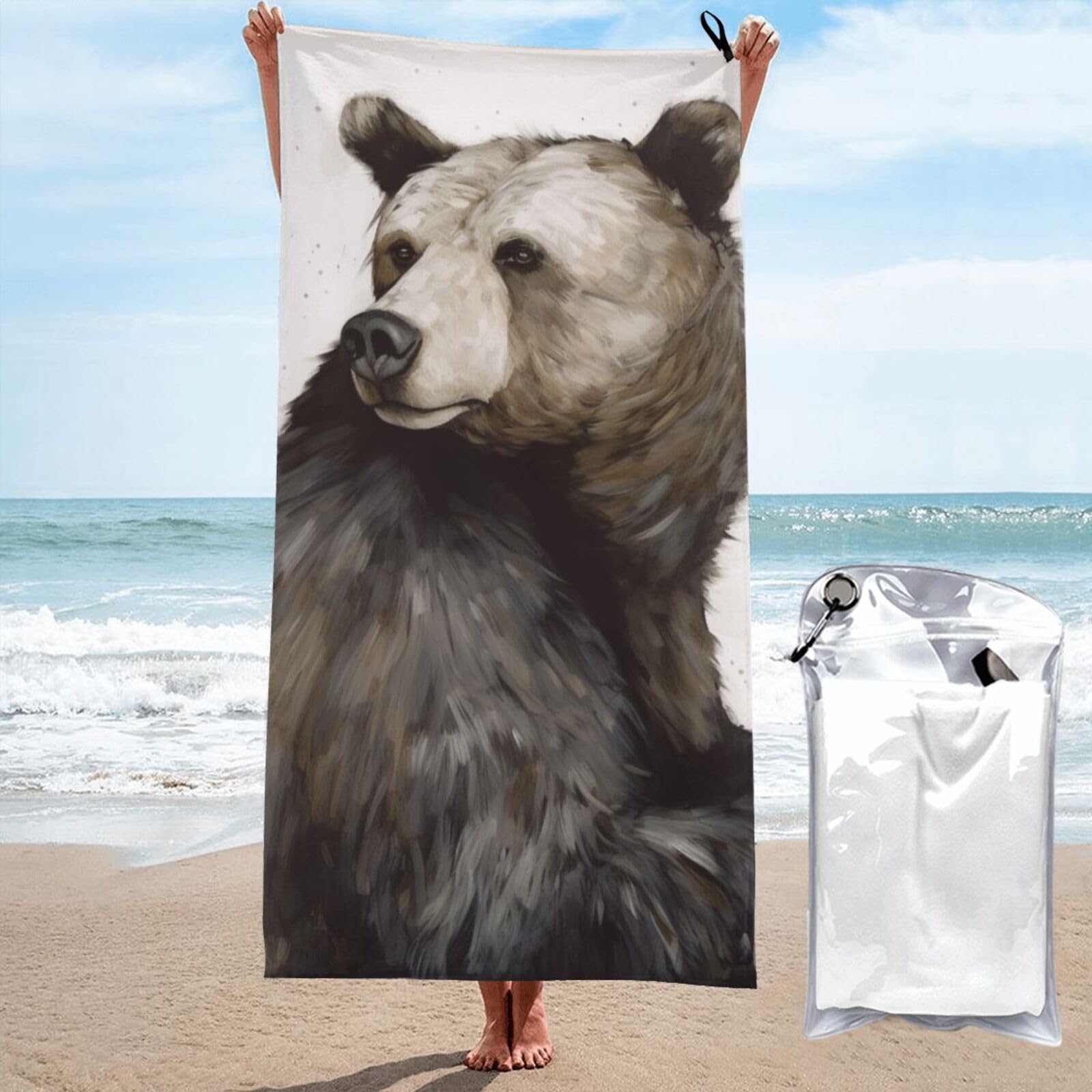 BWWHCCTI Bear Printed Microfiber Quick Dry Beach Towel 70x140 CM, Fast Drying Bath Towels with Bags for Travel,Camping,Gym,Beach,Swimming,Yoga