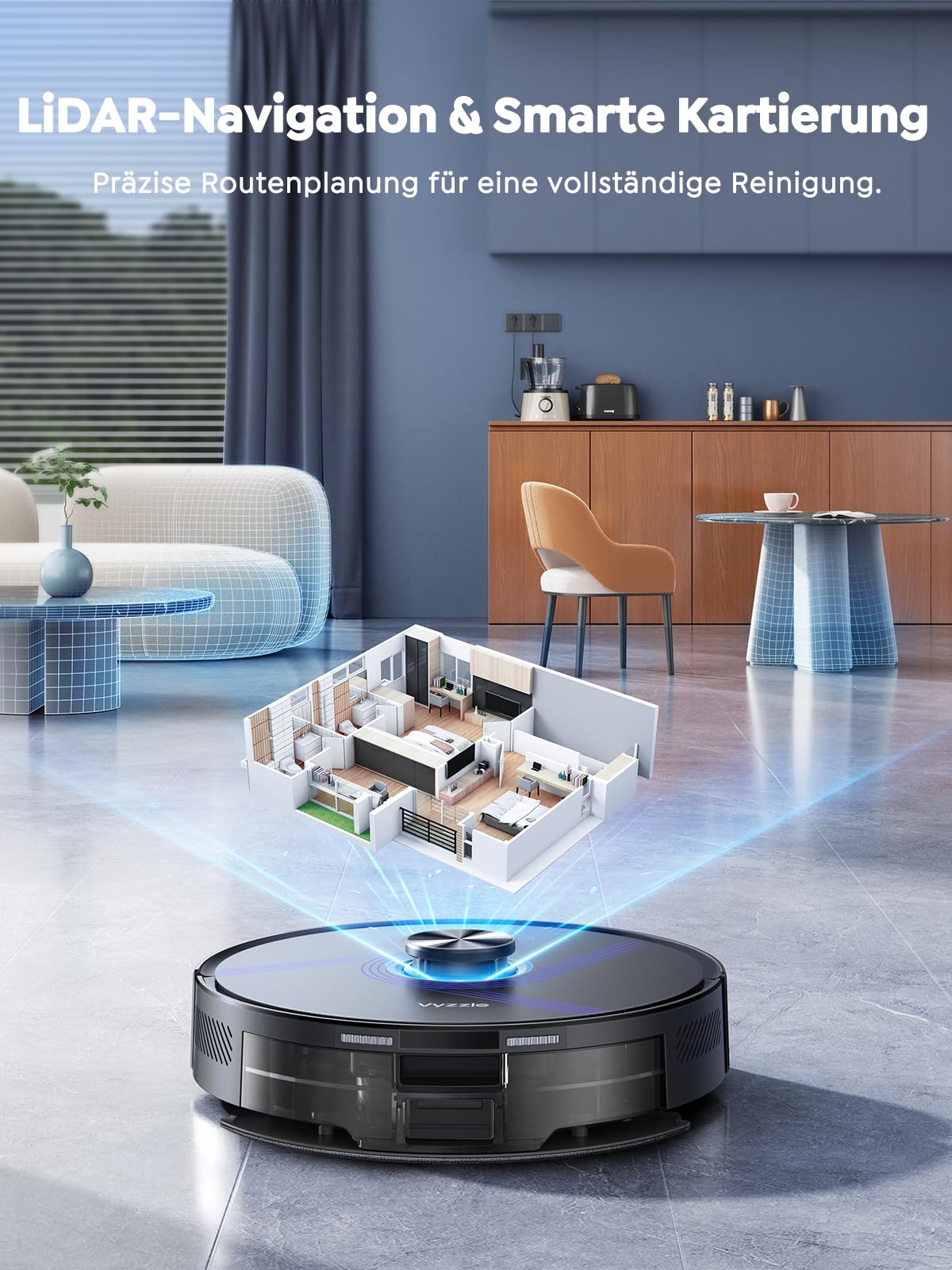 Vyzzle Saugroboter mit Wischfunktion, 10000Pa Saugroboter mit Absaugstation 3,5L, Wisch und Saugroboter mit LiDAR Navigation, 180 Min Laufzeit, App Steuerung, Tierhaare, Hartböden & Teppiche, Schwarz