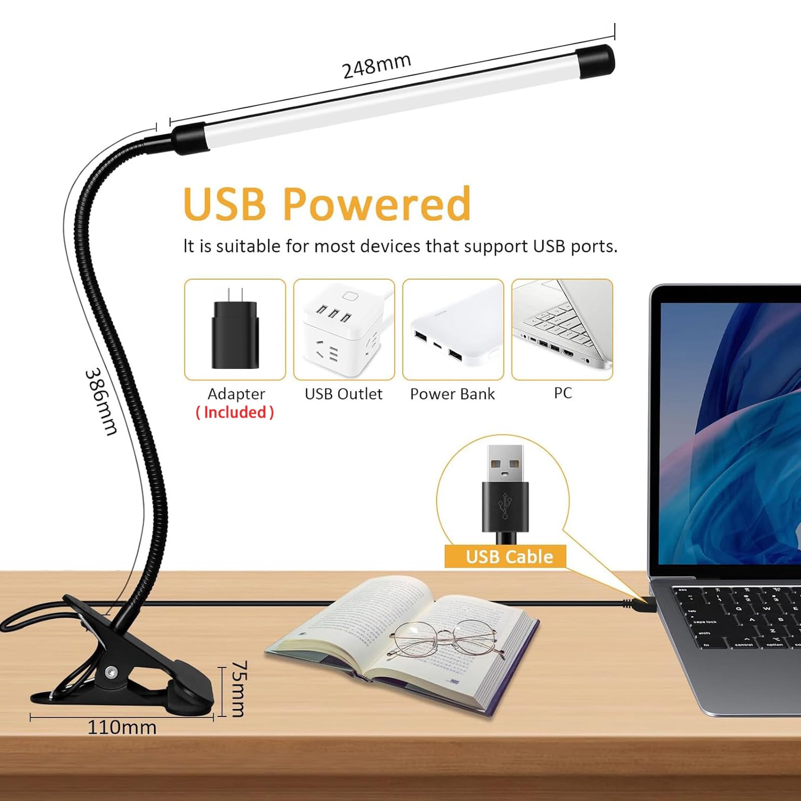 Akynite Lampa biurkowa LED z zaciskiem, adapter w zestawie, 3 kolory 10 intensywności, elastyczna lampa USB łabędzia szyja, klips do manicure stołowy, lampa zaciskowa