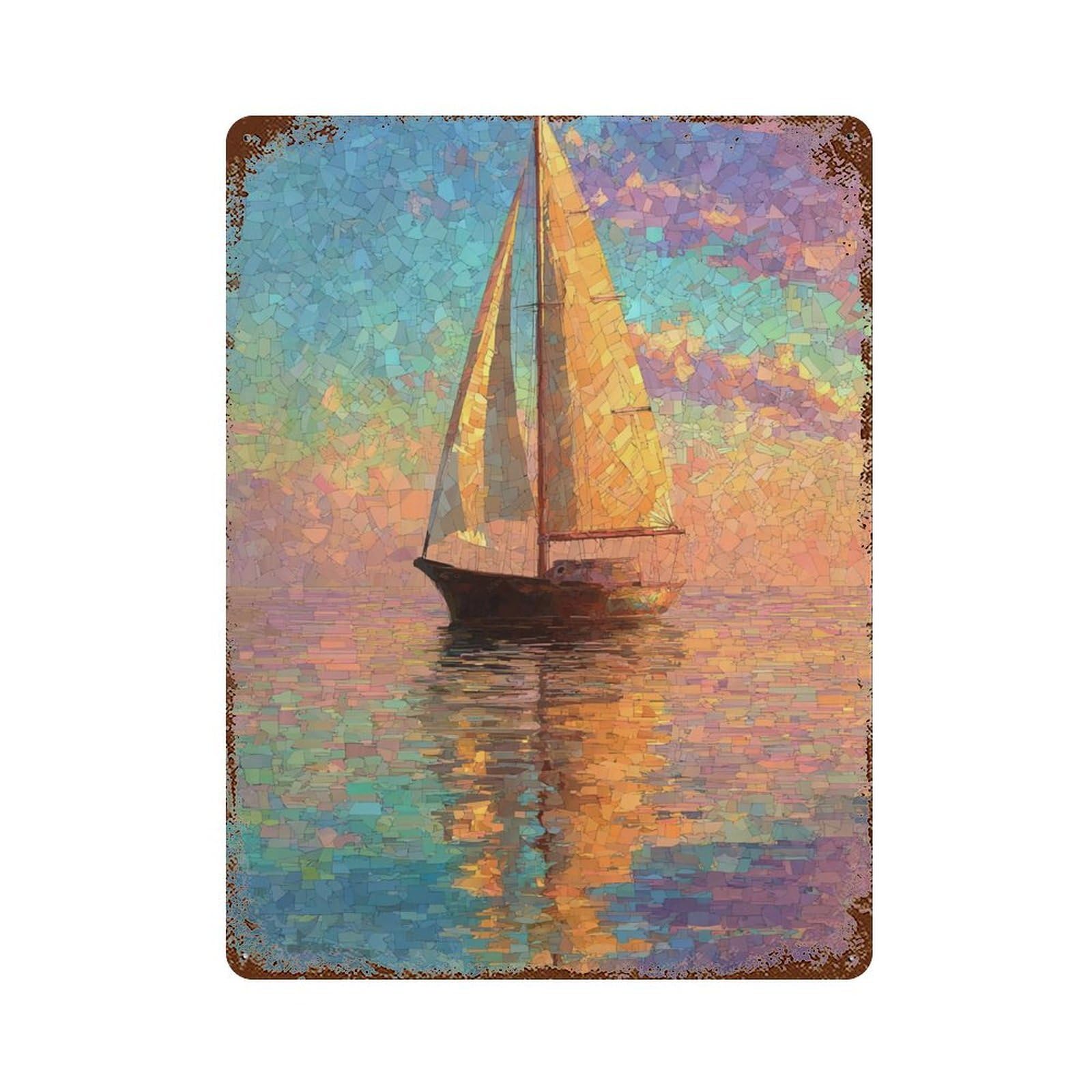 Vintage Metal Tin Sign Boat Sunset Ocean Painting 15.7"x11.8", Classic Wall Plaque for Pub, Kitchen And Man Cave Decor