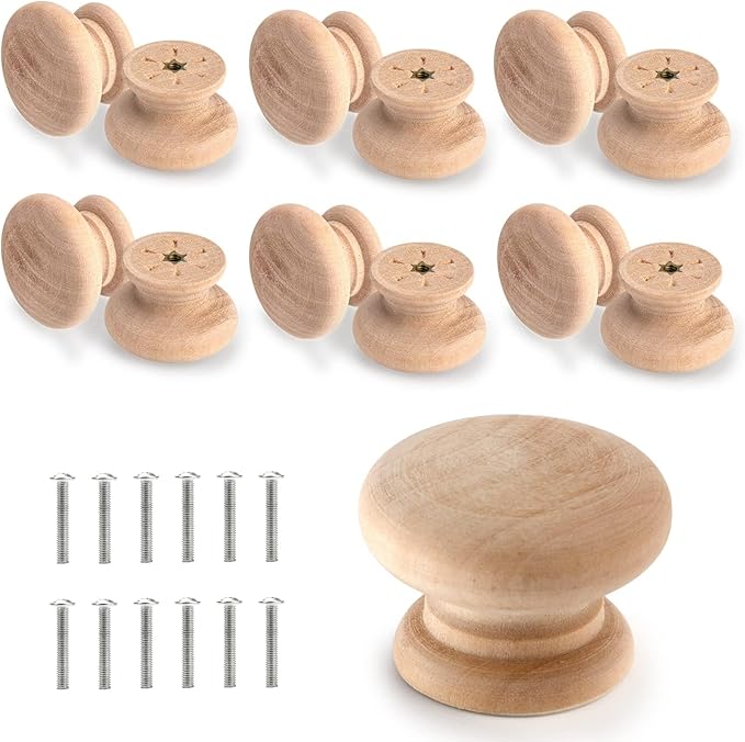 12 Wooden Drawer Knobs, Round Wood Door Knobs Natural Wooden