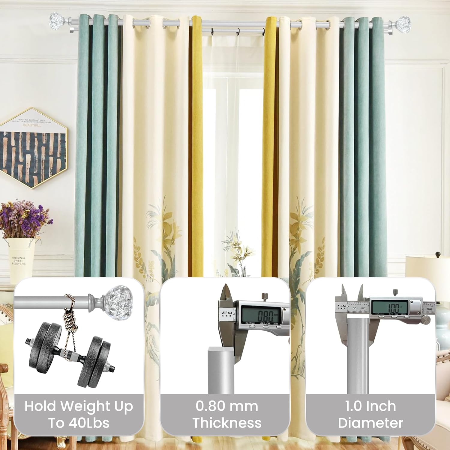 Silver Double Curtain Rod for Windows 28 to 48 Inch: Double Window Treatment Curtain Rod Heavy Duty Adjustable from28 to 48 Inch - Silver Foil Resin Finials and Double Curtain Rod