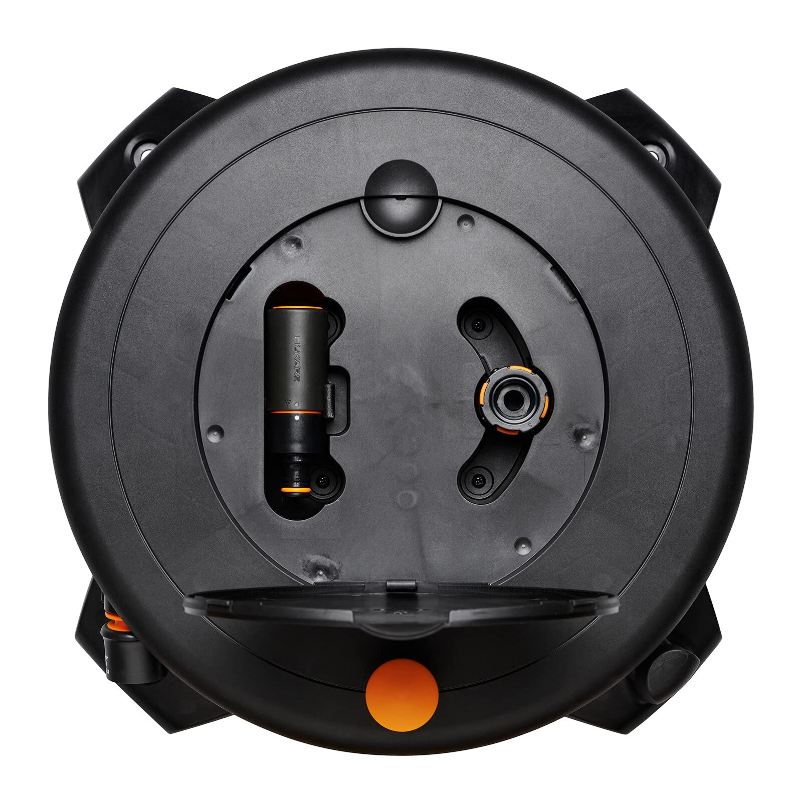Fiskars Waterwheel L, Bewässerungs-Set, Gartenschlauch in Universalgröße (Ø 13 mm), Universal-Schlauchanschluss (Ø 13-15 mm), Universal-Hahnverbinder, Schlauchdüse, Schwarz/Orange/Blau, L