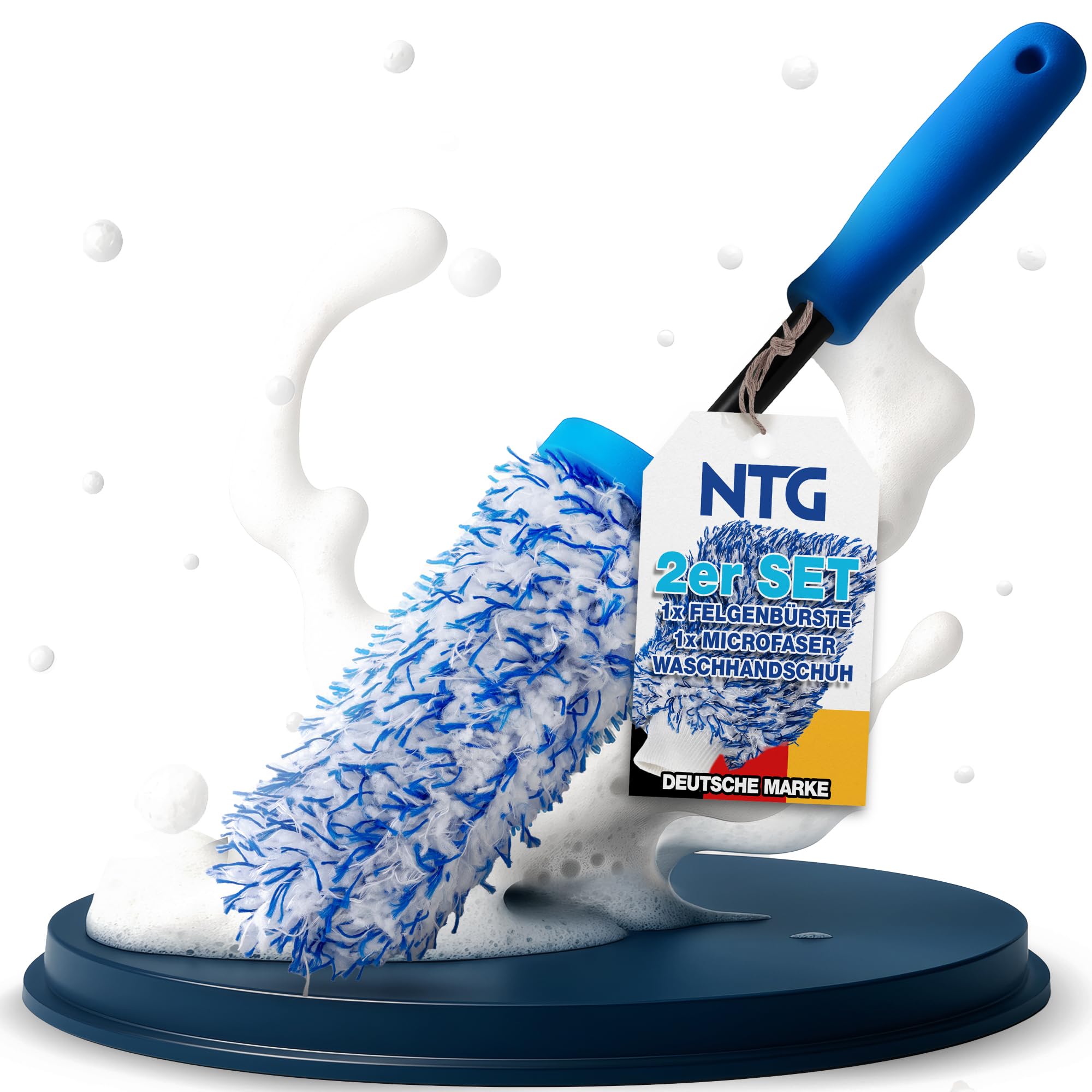 NTG Mikrofaser Felgenbürste 1Stück – Wechselbarer Bürstenbezug für Schonende Felgenreinigung bis ins Felgenbett Ideal für Alu,-Stahlfelgen (1xFelgenbürste + 1xWaschhandschuh)