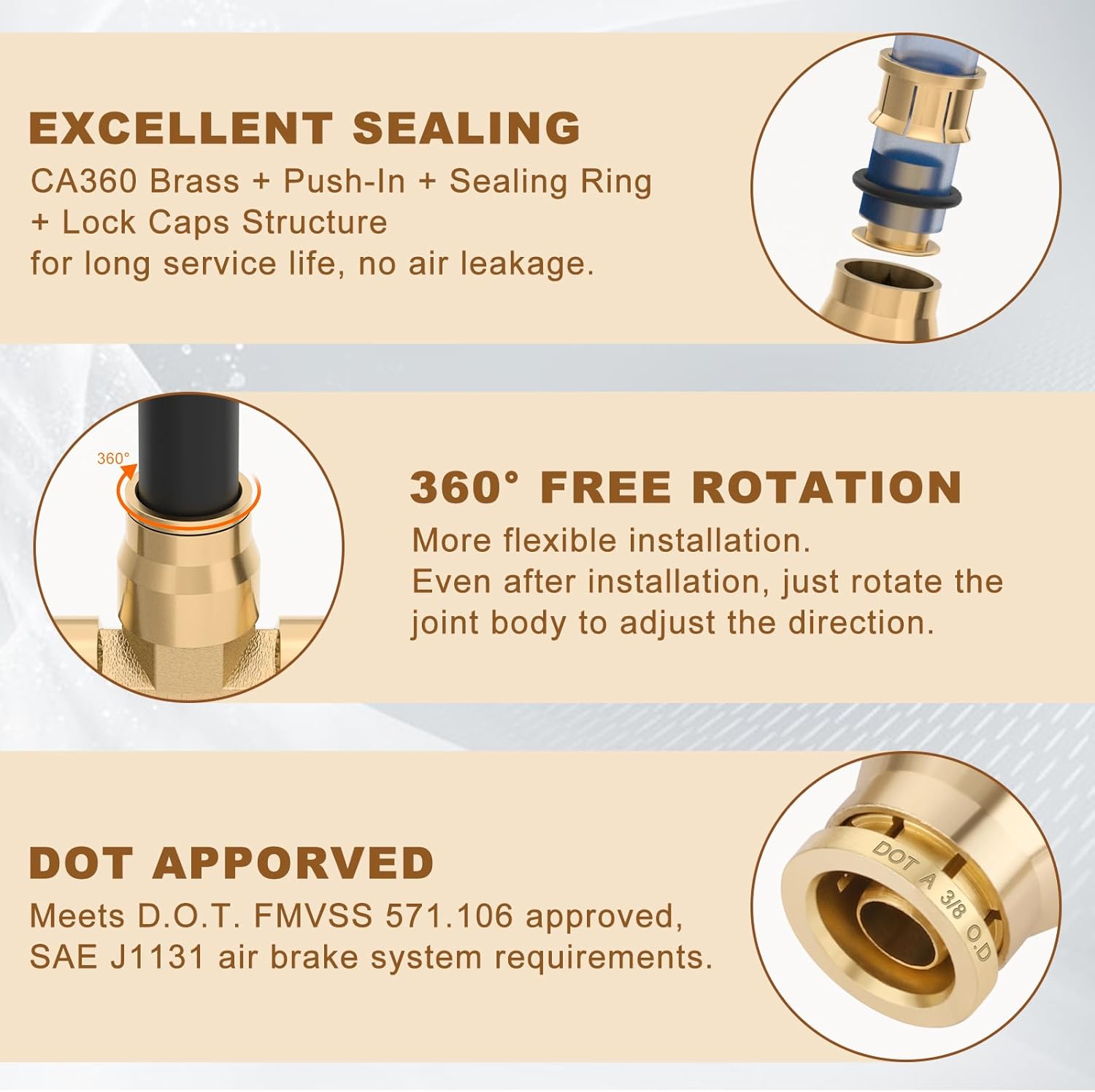 3/8" Quick Push to Connect Fittings Brass Union Tee Shaped Joint DOT Approved 3/8 Inch OD 3 Way Tube Air Line Adapter Air Spring Suspension Kit for Car Truck Trailers and Air Brake System 5pcs