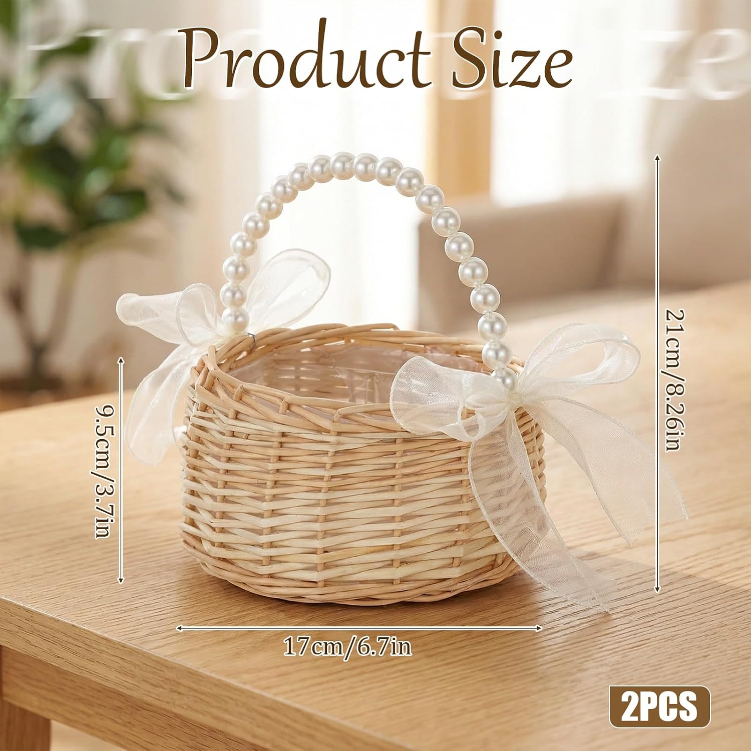 2 Pack Wicker Rattan Flower Girl Basket, 8.26 * 6.7 * 3.7 Inch Rattan Flowers Baskets Wicker with Handle and Pearl Hand Woven Willow Storage for Wedding Flowers Girls,Picnic