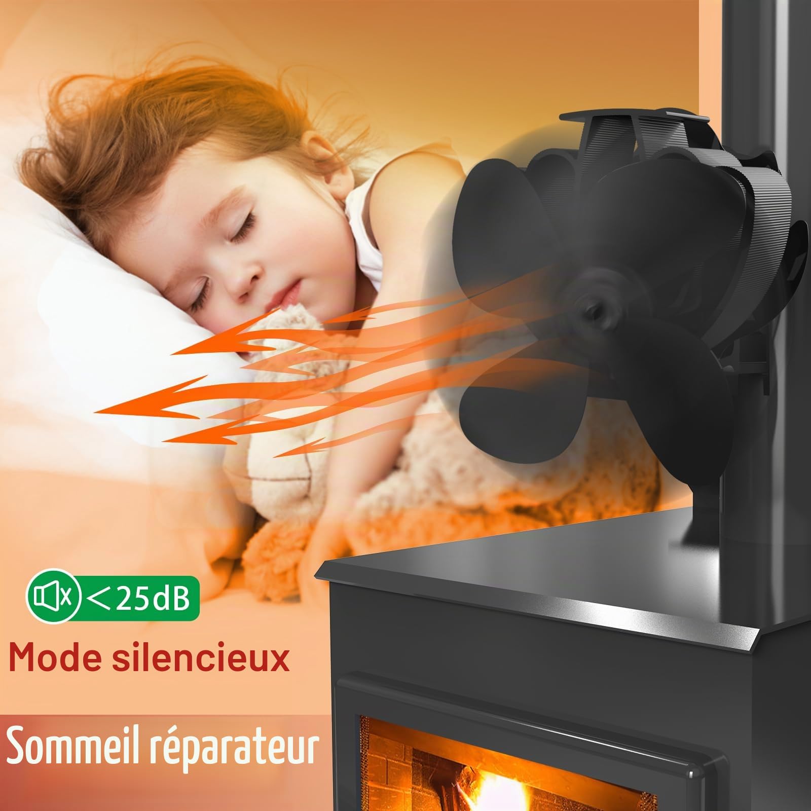 Ventilateur pour foyers, poêles à bois, cheminées, ventilateur 4 pales, fonctionne sans électricité, en forme de ramure, noir 5.00W
