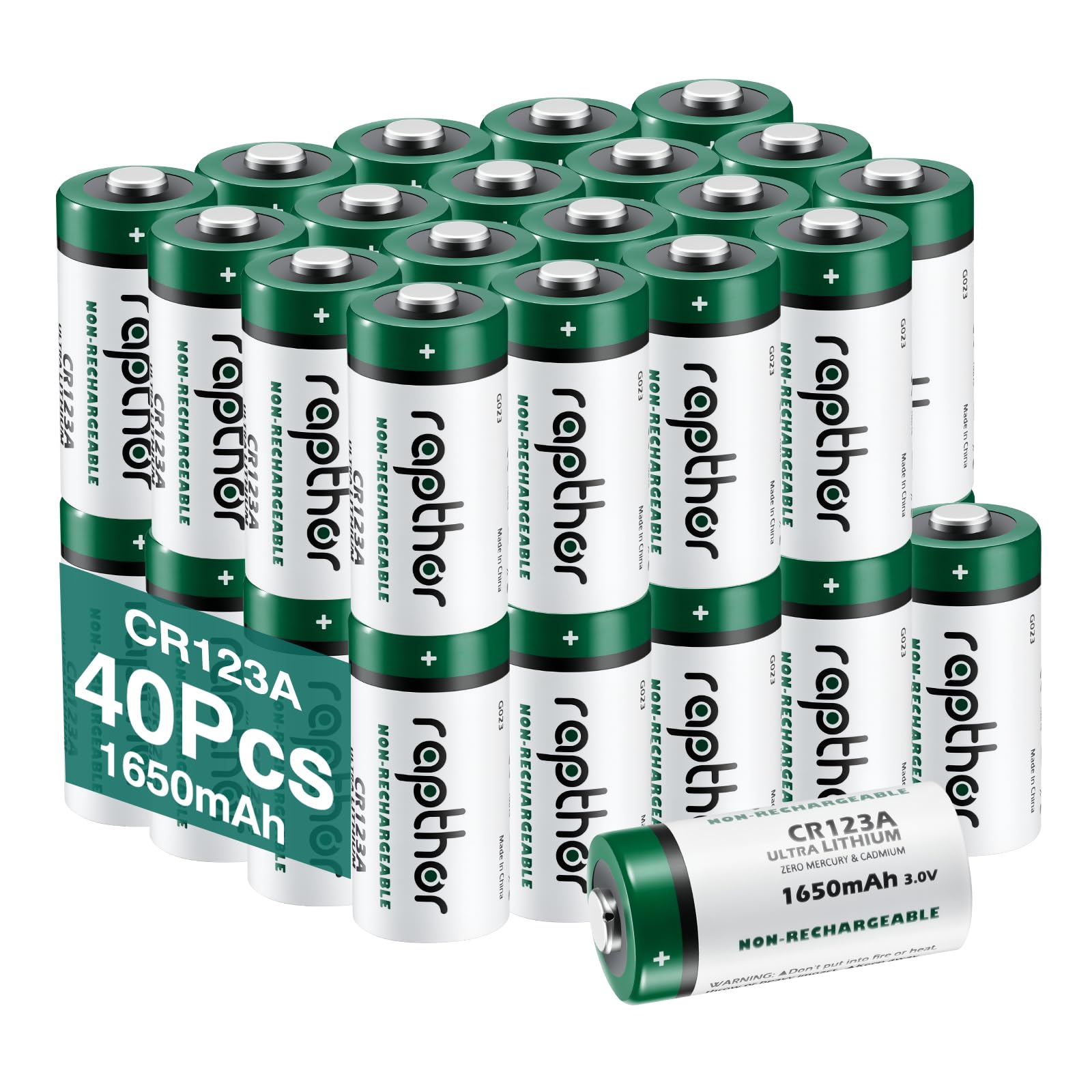 Rapthor CR123A 3V 1650mAh Lithium-Batterien 40 Stück, Ersatz für CR123 CR123A CR17345, für Taschenlampen, Kameras, Blitzgeräte, Rauchmelder, Sicherheits- und Smart-Home Geräte, Nicht wiederaufladbar