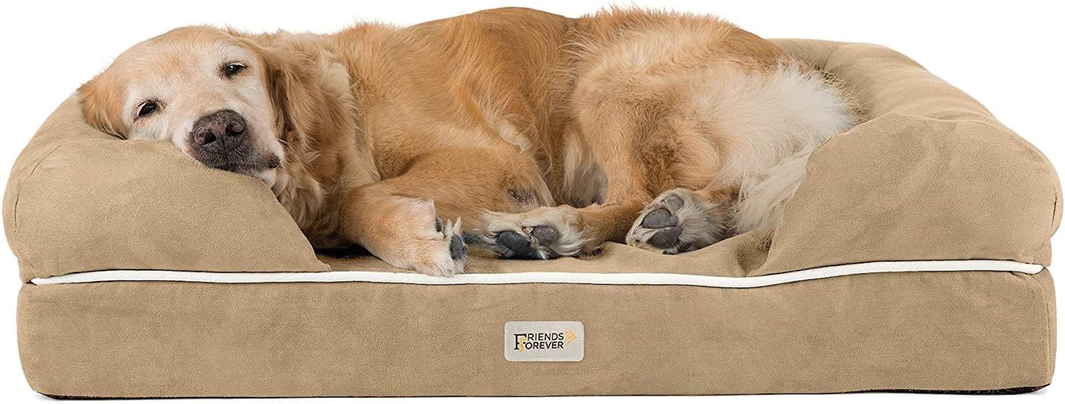 Friends ForeverLarge Dog Bed, Orthopedic Dog Sofa Memory Foam Mattress, Calming Dog Couch Bed, Wall Rim Pillow, Water Resistant Liner, Washable Cover, Non-Slip Bottom, Chester, Large Khaki Beige