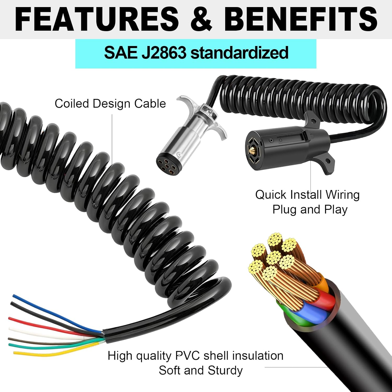 7 Pin to 6 Pin Trailer Adapter, Coiled Trailer Cord Stretches to 8 Feet, 7-Wire to 6-Wire Coiled Cable RV 7 to 6 Trailer Wiring Extension Cord