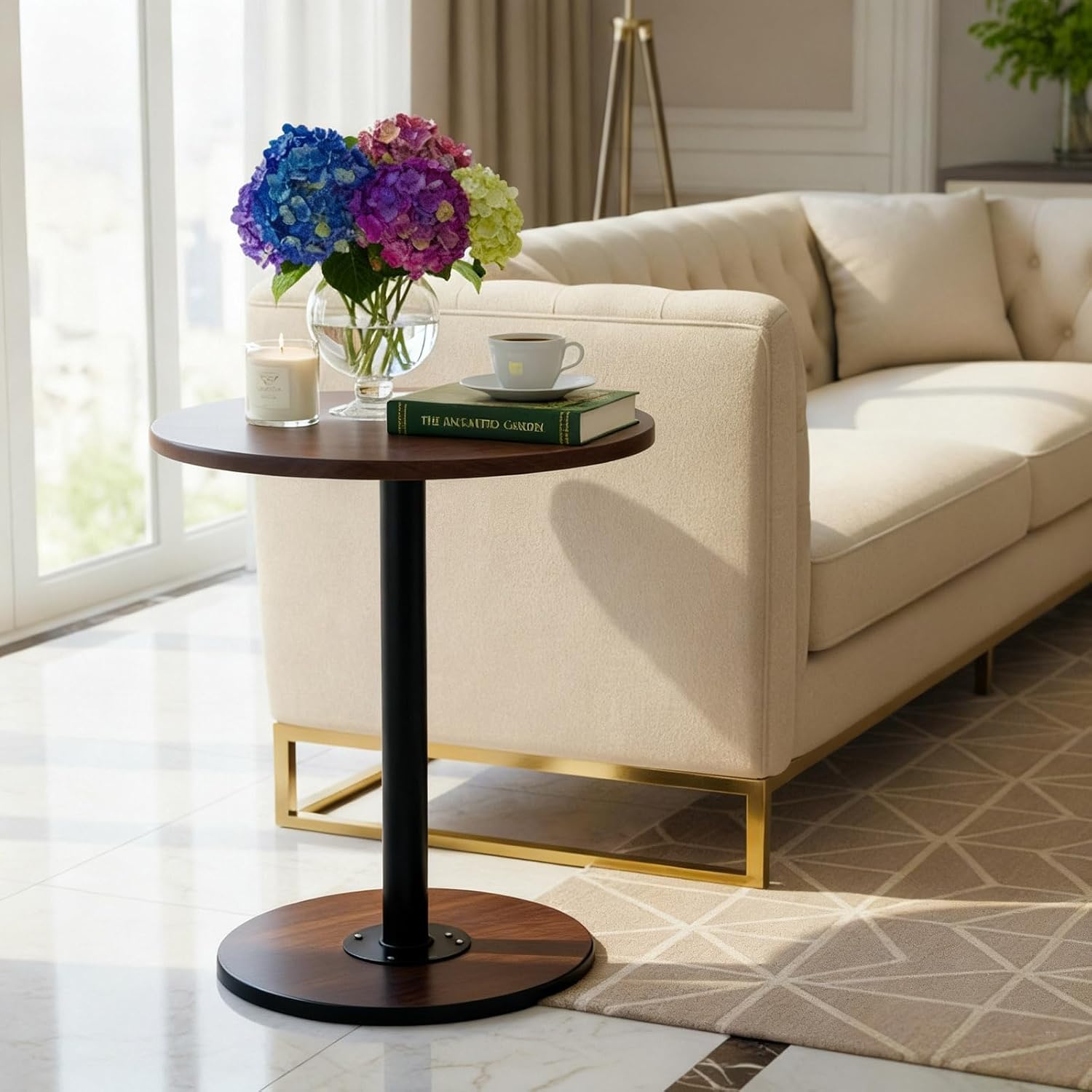 Davimaxium Round Side Table,End Table,Coffee Table,Small Round Side Table with Marble Grain for Living Room,Bedroom Office and Small Spaces,Wood Base,Easy Assembly (Brown)