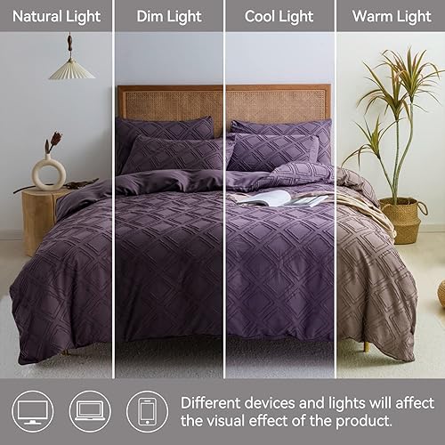 Miniatura 9 de JELLYMONI Juego de funda de edredón morado, tamaño Queen, de microfibra, estilo capitoné, texturado, bohemio, patrón geométrico de rombos jacquard,