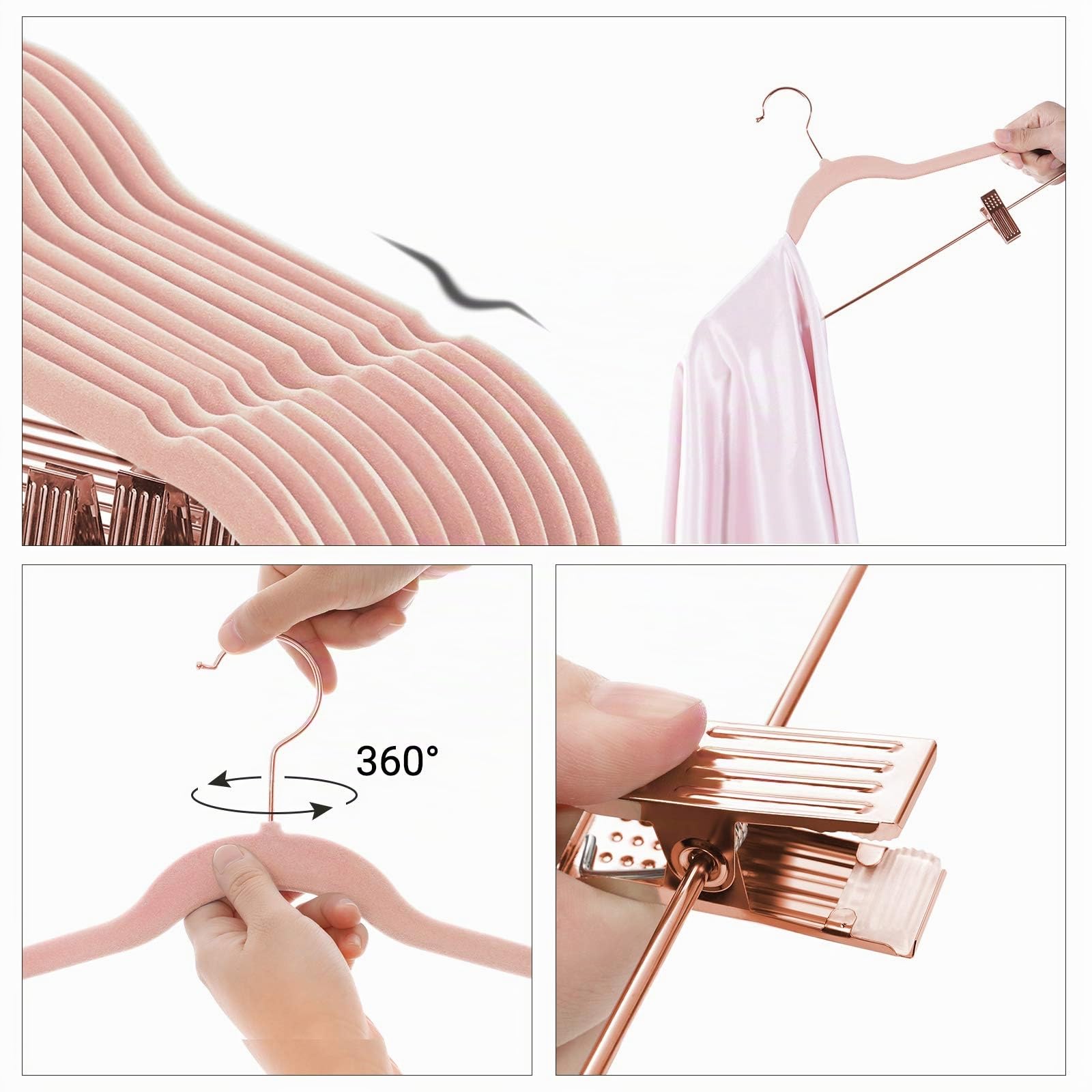 SONGMICS Paquete de 24 Perchas de Pantalones, Perchas de Abrigo de 16,7 Pulgadas con Clips móviles de Color Oro Rosa, Resistentes, Antideslizantes, Ahorro de Espacio, Pantalones, Pantalones, Vestidos