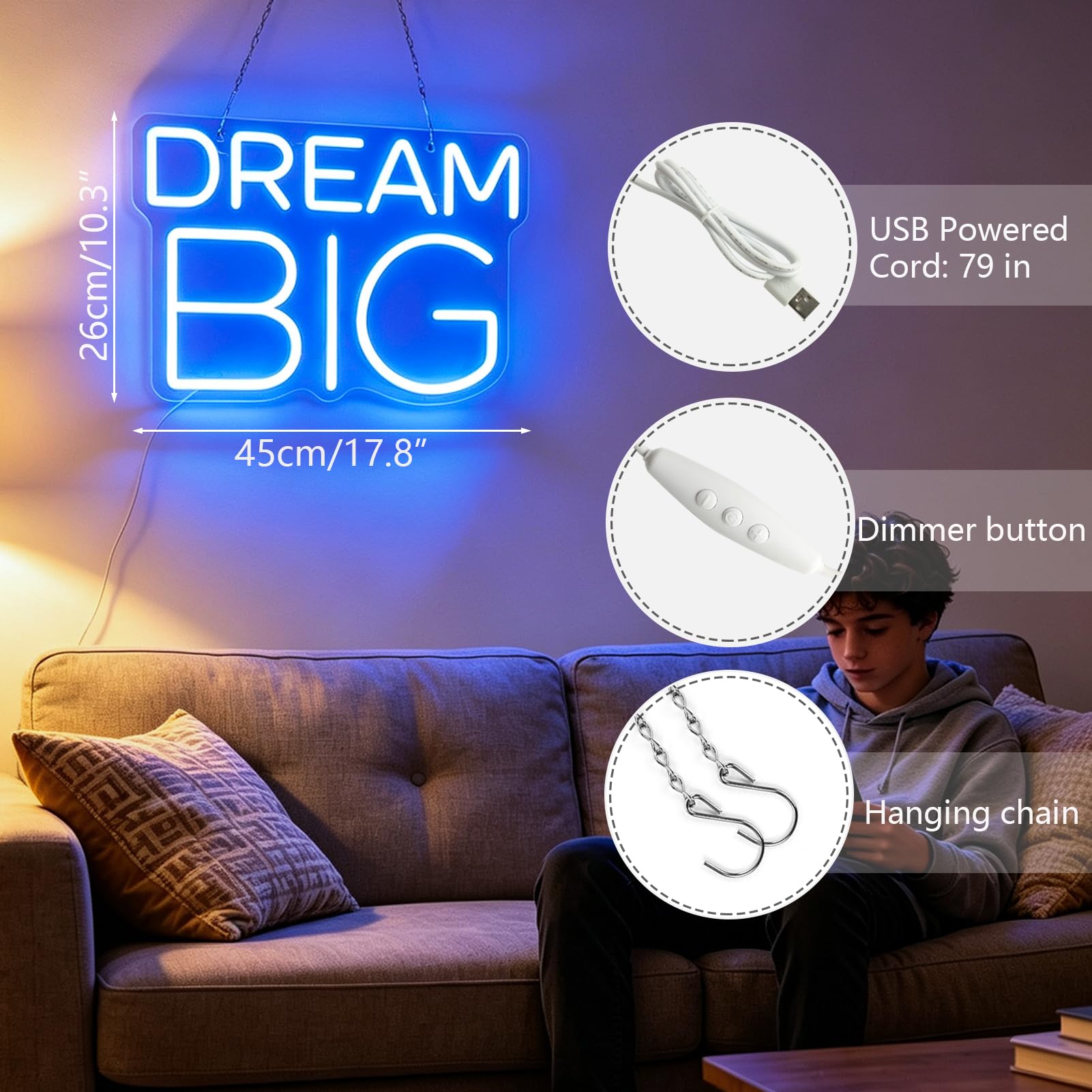 Dream Big Neonschild, LED-Leuchtschild für Wanddekoration, Traum-Neonschild für Wohnzimmer, Schlafzimmer, Gameroom, Kinderzimmer, Büro, 5 V USB-Stromversorgung, 38.1x25.4 cm (blau)