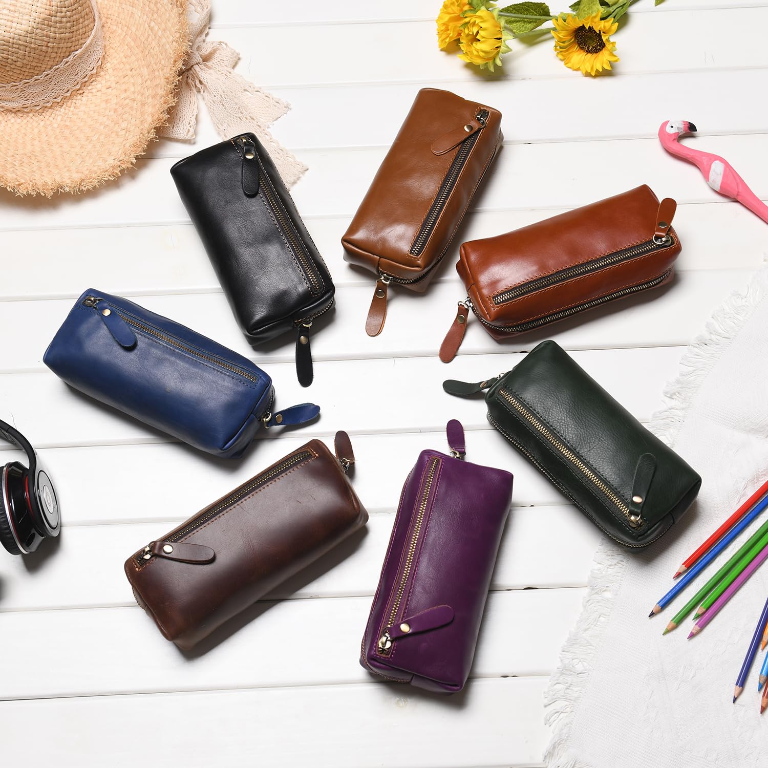 WONDERPOOL Pen Case Real Leather Pencil Pouch Markers Holder Big Capacity Bag with Side Zippered Pocket Sleeve for Stationery Makeup Utensils Organizer (Purple) - Image 3