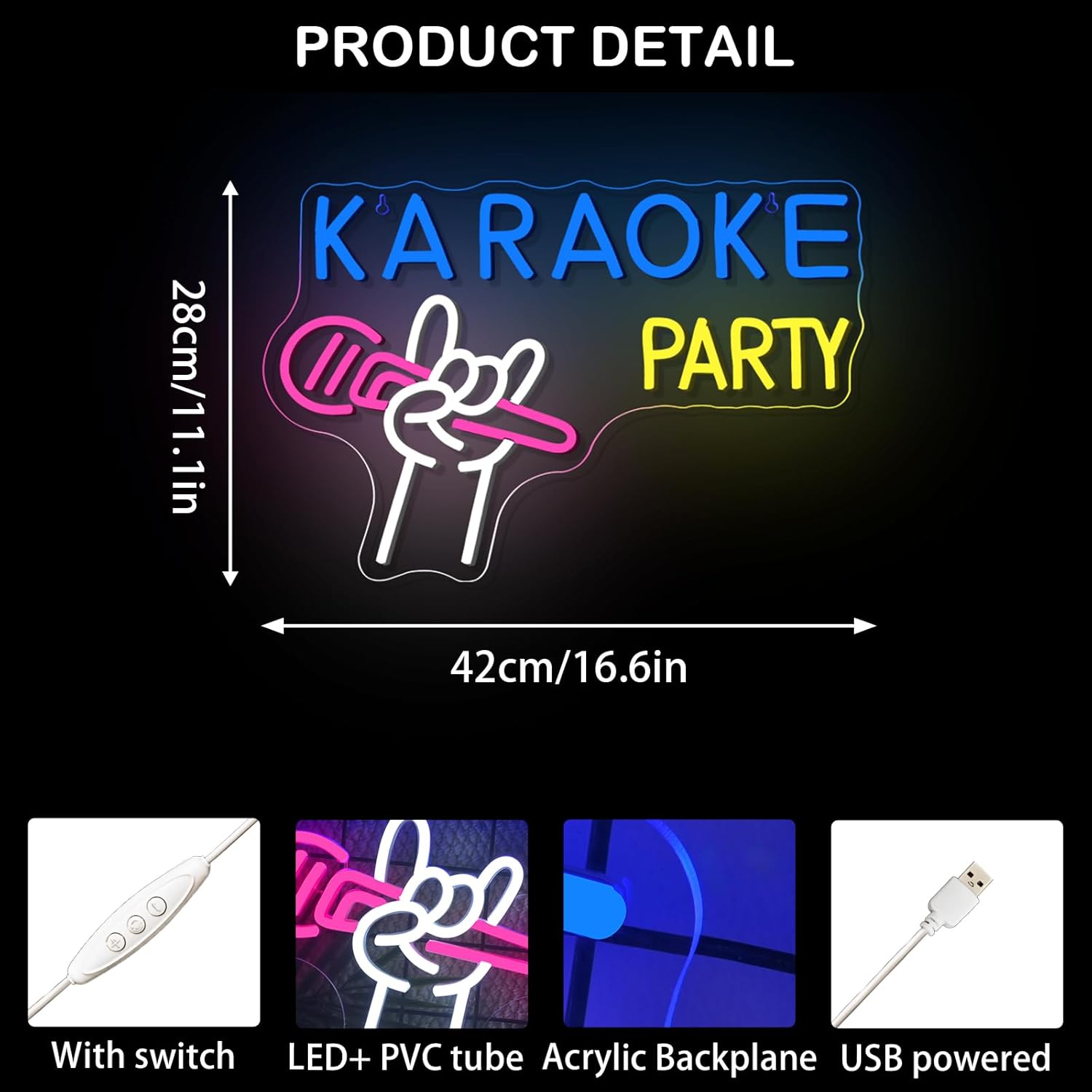 Looklight Karaoke Party Neon Sign Music Room Decor Karaoke Bar Dimmable On Air Led Signs for Wall Decor Microphone Neon Light Sign Bar Music Studio Birthday Party Decorations 16.6''x 11.1''