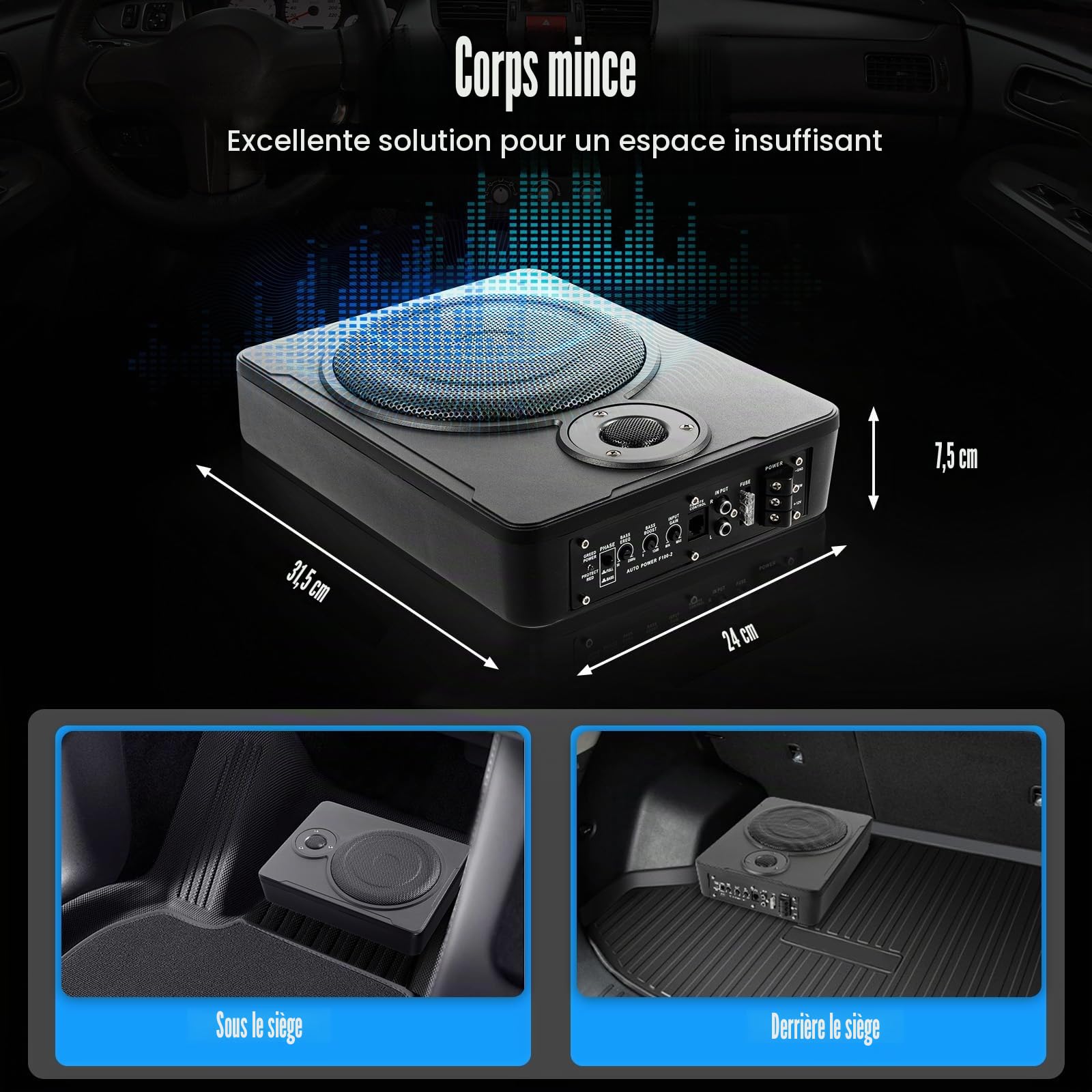 Caisson Basse Voiture,Caisson Basses Actif Voiture Compact 600W 8 Pouces avec Jeu Câbles,Excellente Performance Basse Fréquence, Sortie Musique Pure et Effets Sonores