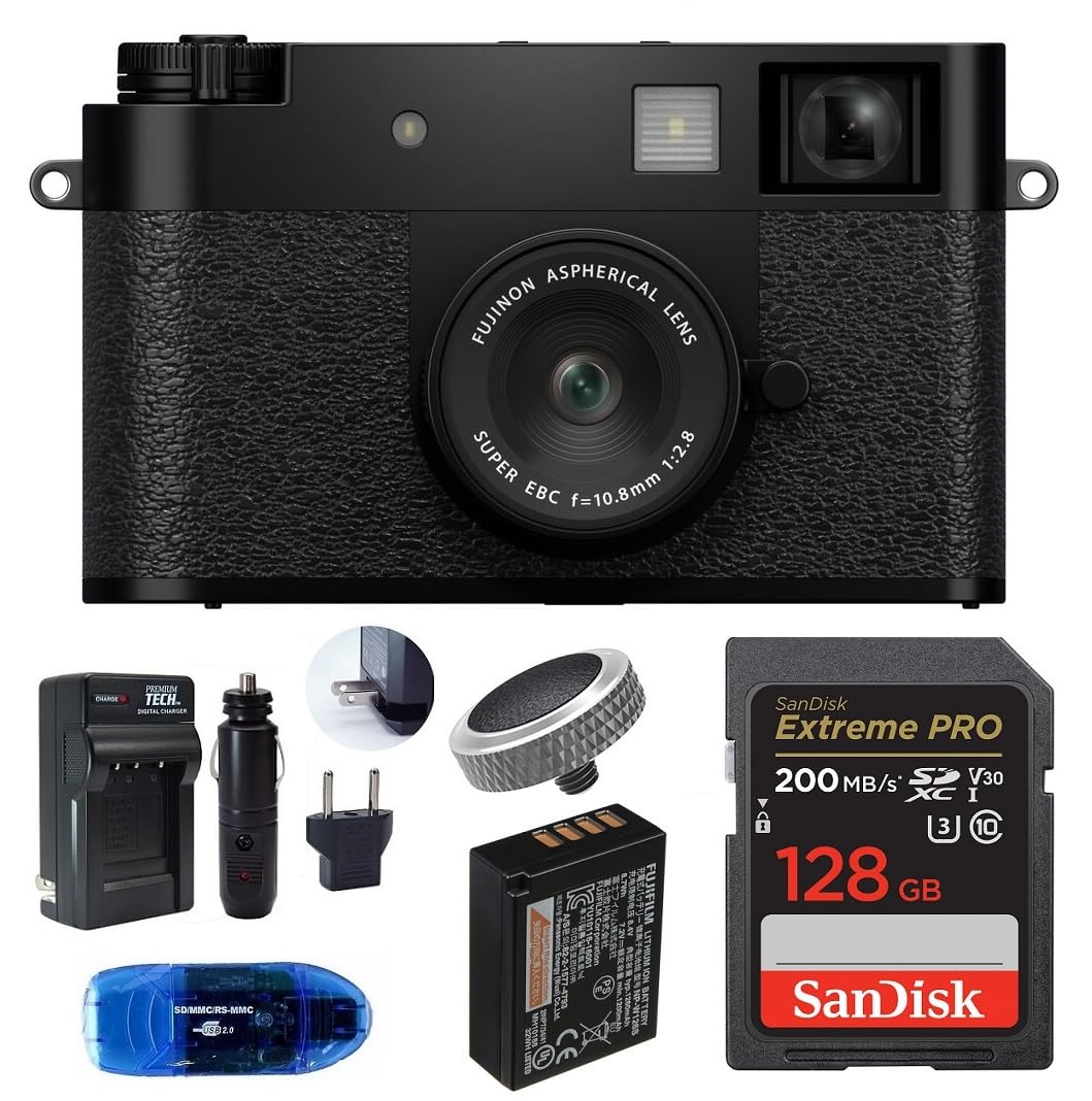 FUJIFILM X Half Digital Camera Bundle, Includes: SanDisk 128GB Extreme PRO SDXC Memory Card, Spare Fujifilm NP-W126S Battery and More (6 Items) (Black)