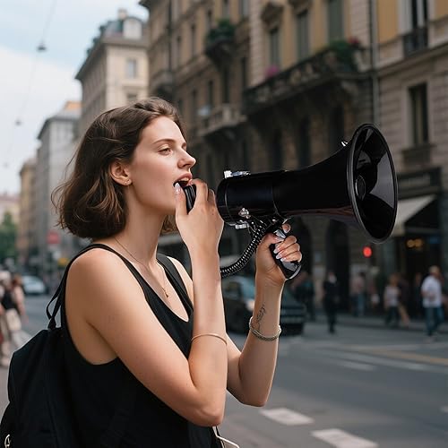 Miniatura 5 de MyMealivos Megáfono con sirena Bullhorn altavoz de 50 vatios con micrófono desmontable, correa ligera portátil y entrada auxiliar de 0.138 in