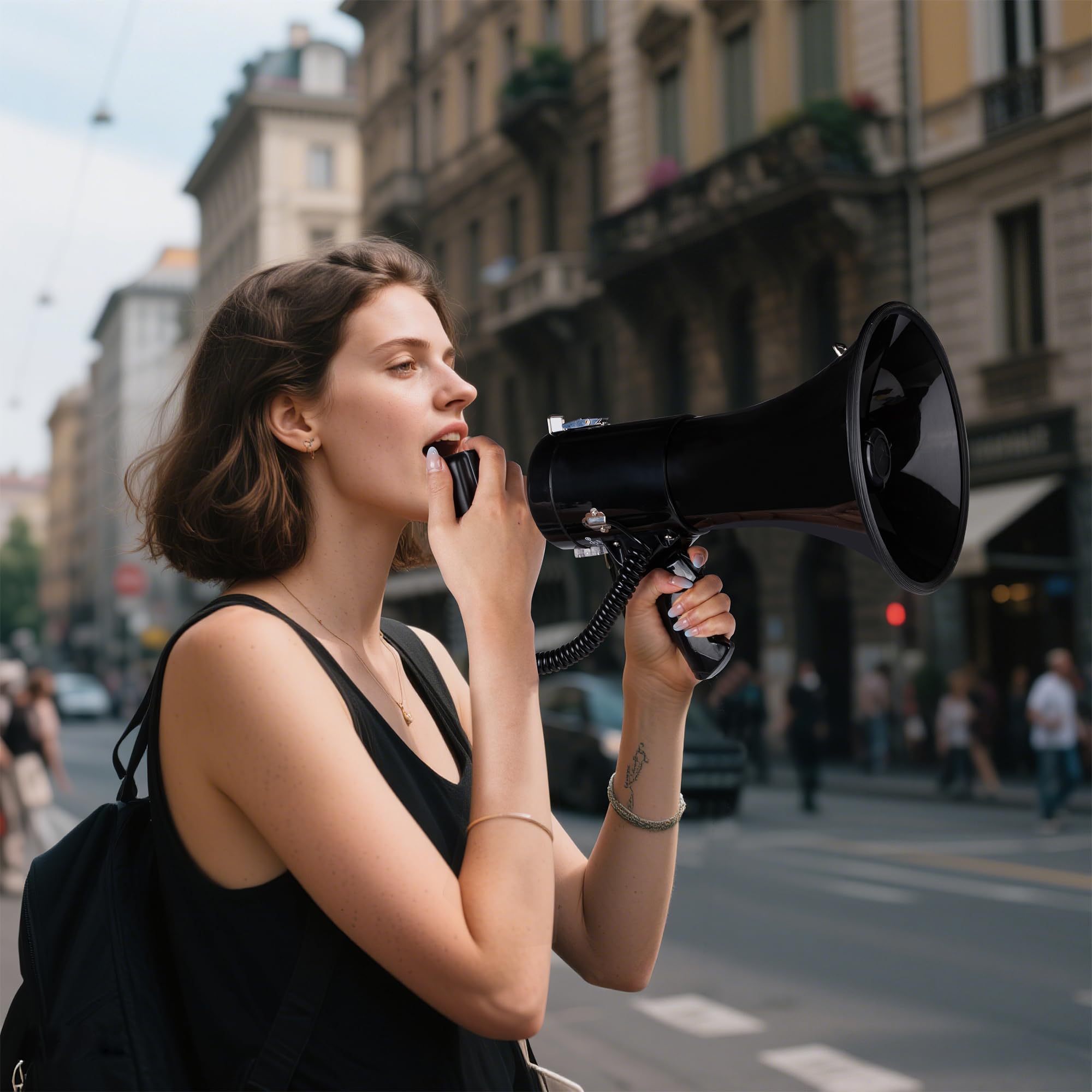 MyMealivos Mégaphone avec sirène Bullhorn 50 W avec Microphone Amovible, Sangle légère Portable et entrée auxiliaire 3,5 mm (mégaphone)