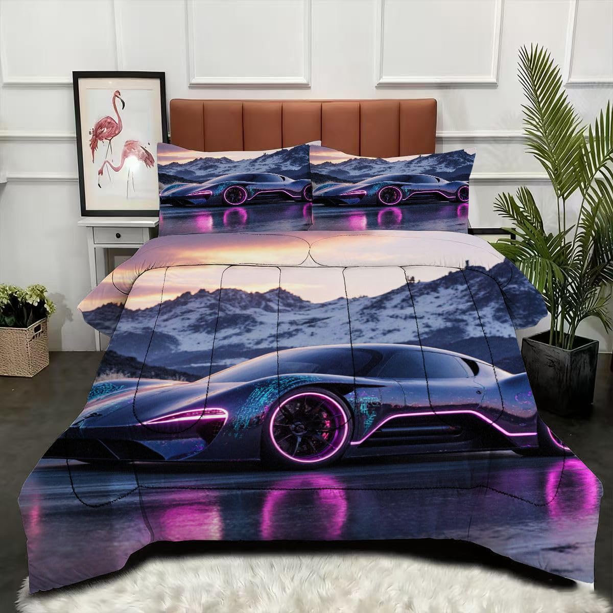 Couette 200 x 200 cm Voiture de Sport avec 2 taies d'oreiller pour lit 2 personnes en microfibre