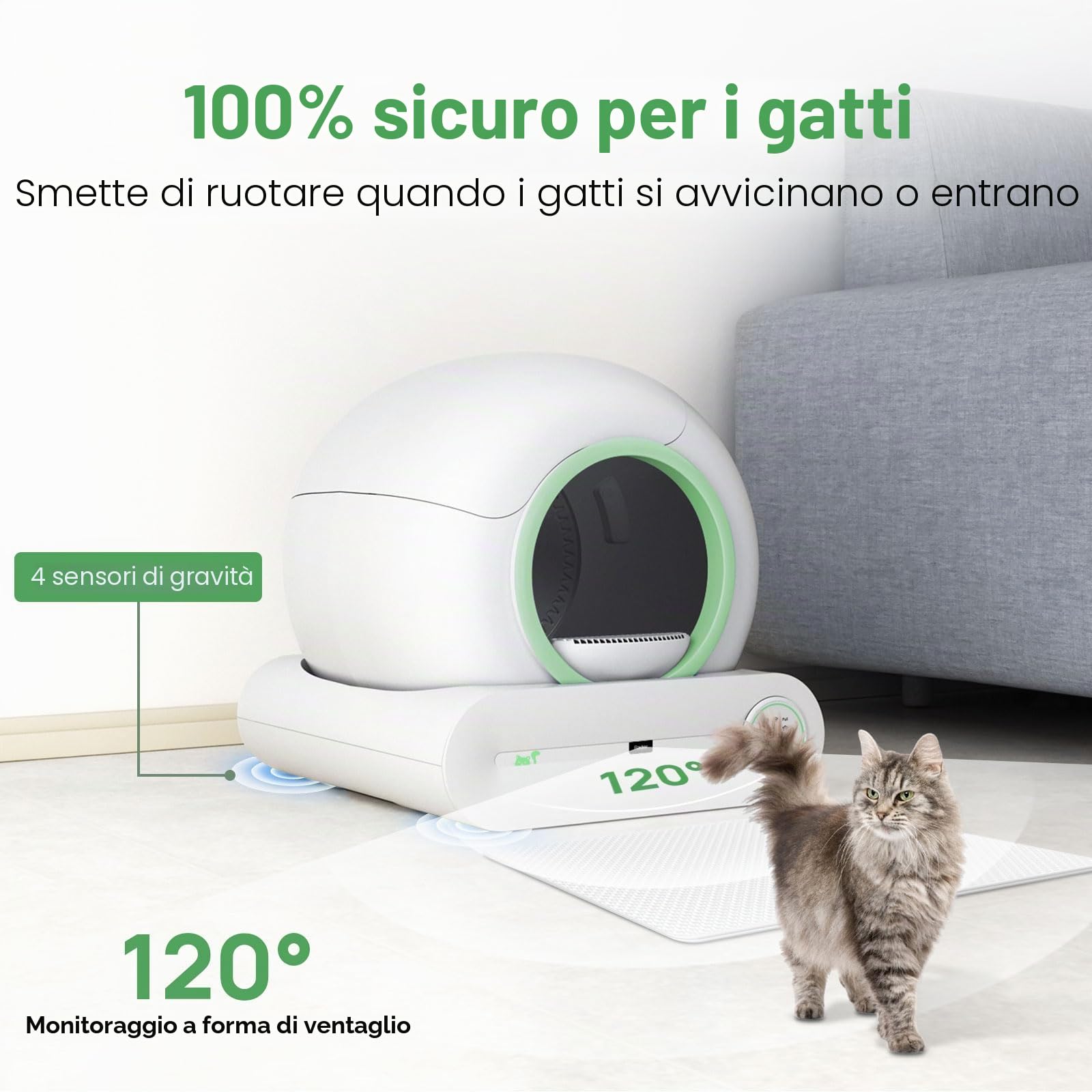 Lettiera elettrica autopulente per gatti, 65 L + 9 L, con ingresso basso, per più gatti, pulizia automatica con app, verde
