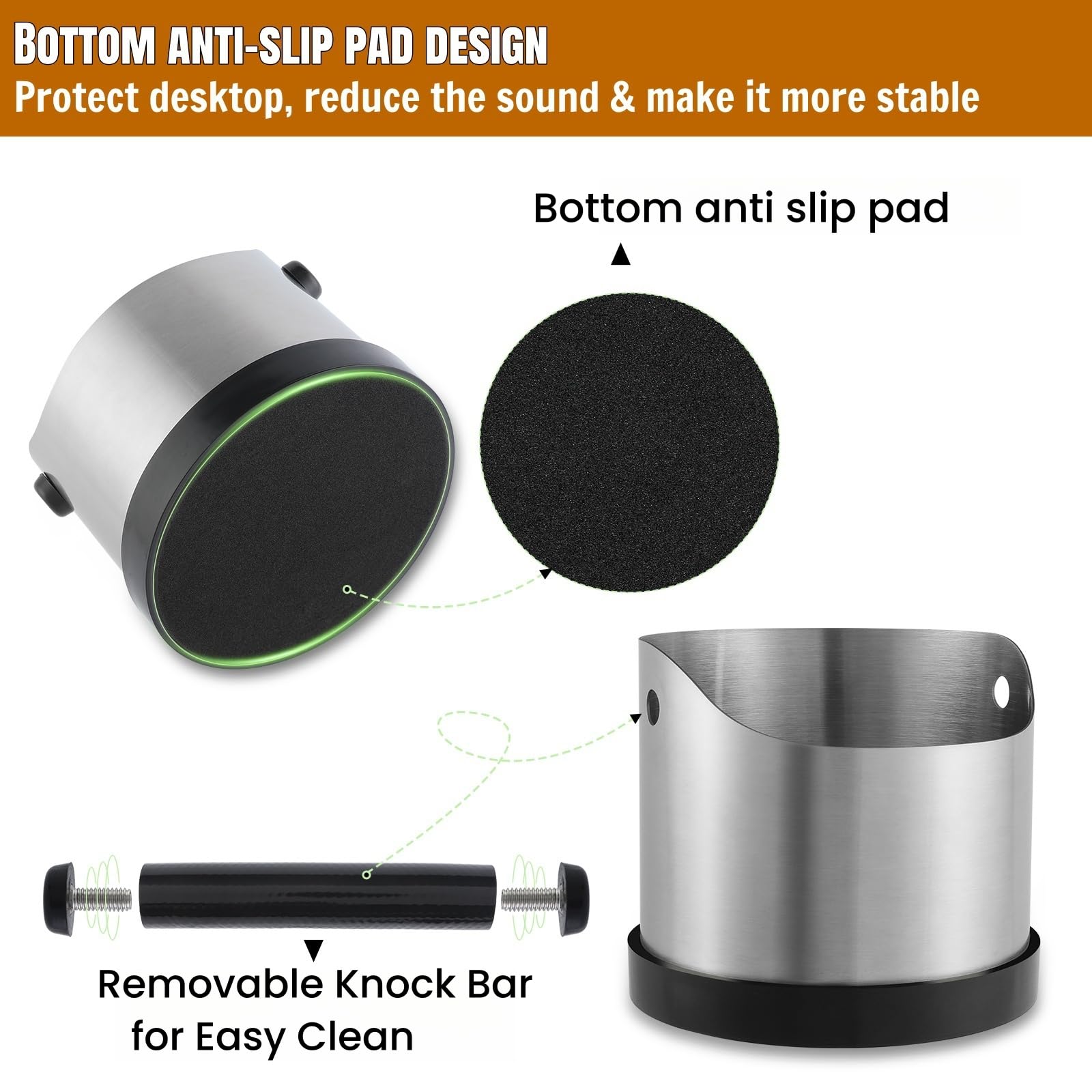 Abklopfbehälter für Siebträger, 700ml Klein Edelstahl Espresso Kaffee Knock Box, Abklopfschale Knock Box mit Abnehmbarer Knock Bar und Kaffeepinsel, Kaffeesatz Klopfbox mit Rutschfester Basis