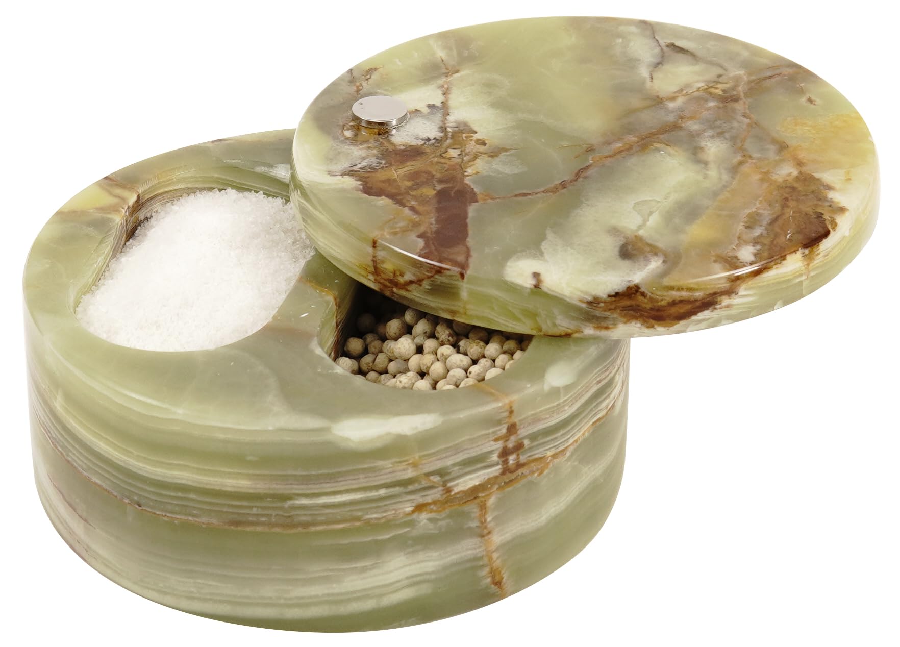 Radicaln Marble Salt Cellar with Lid Dual Compartment 5 Inch Green Onyx Salt Container | Countertop Storage Jar for Salt, Pepper and Kitchen Use